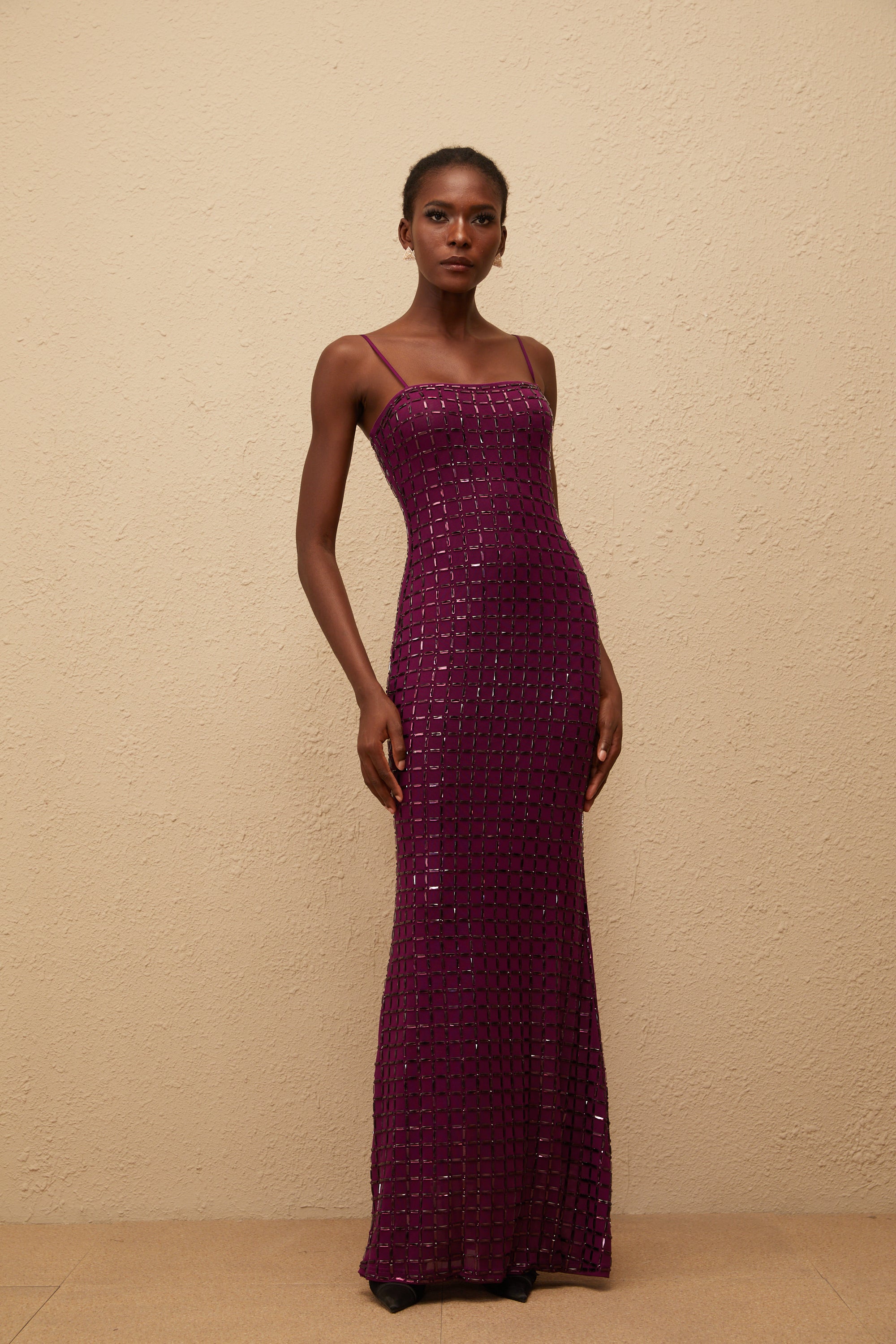 Térébenthine Purple Rhinestone Mesh Maxi Dress