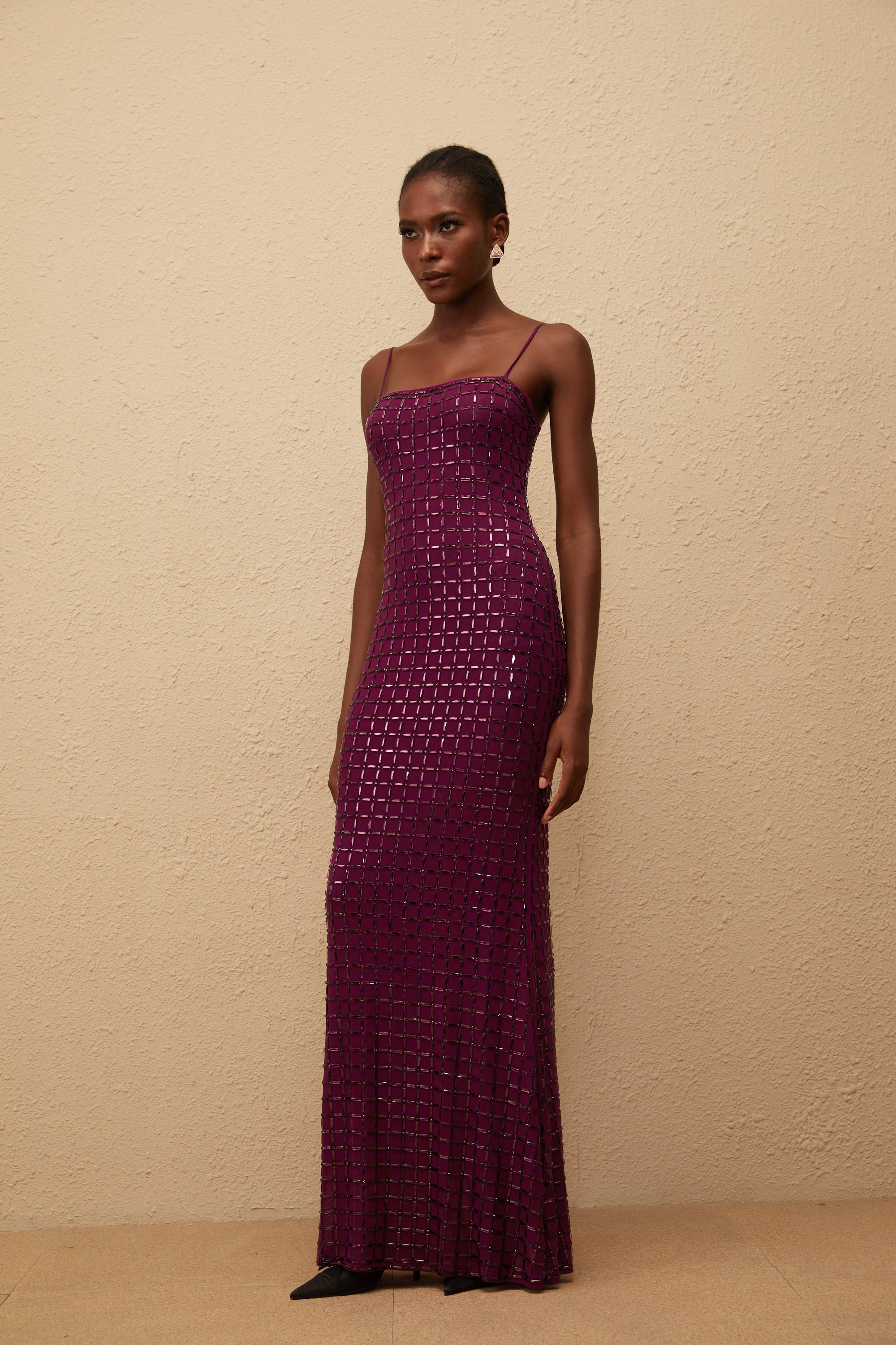 Térébenthine Purple Rhinestone Mesh Maxi Dress