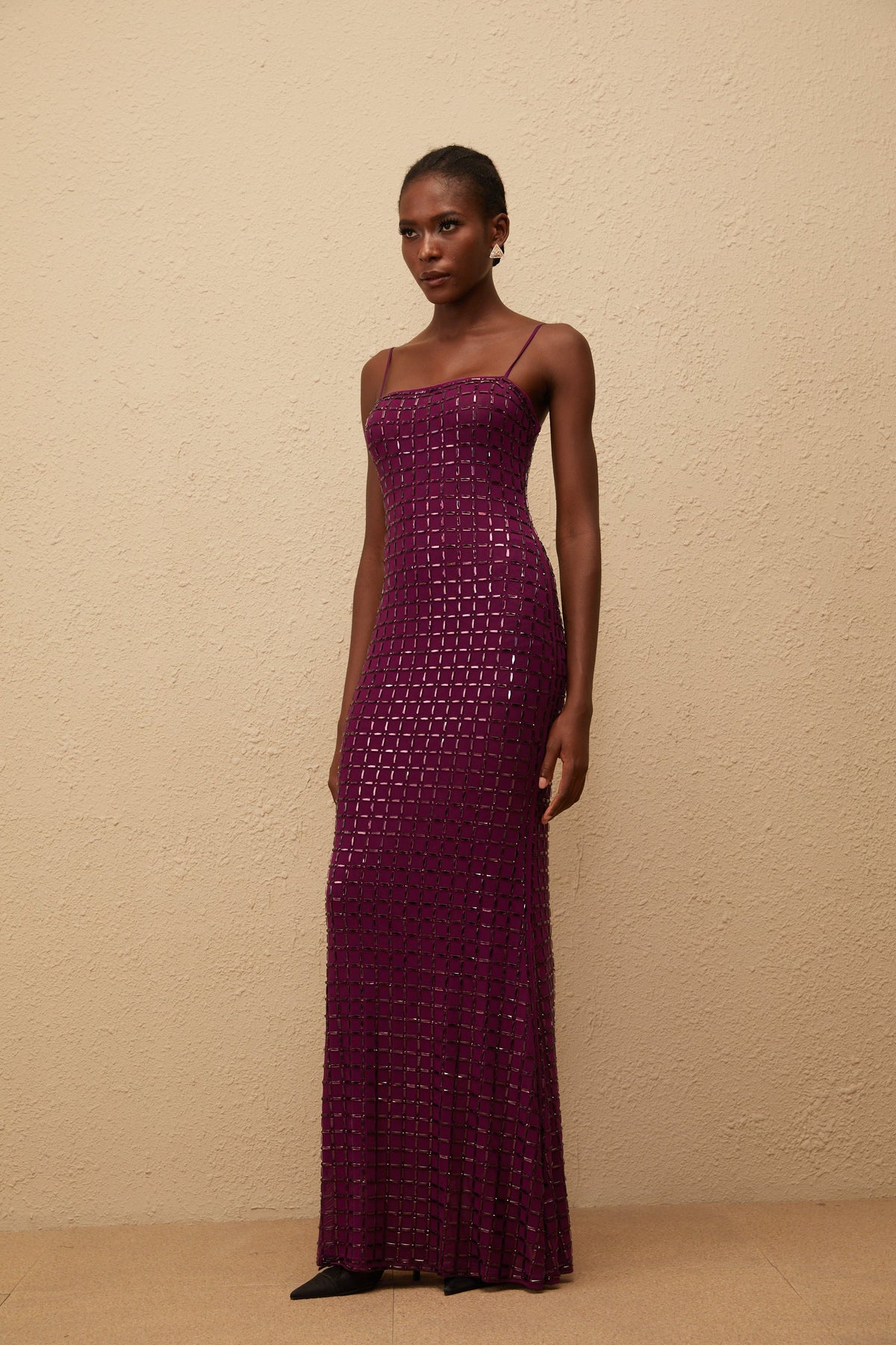 Térébenthine Purple Rhinestone Mesh Maxi Dress