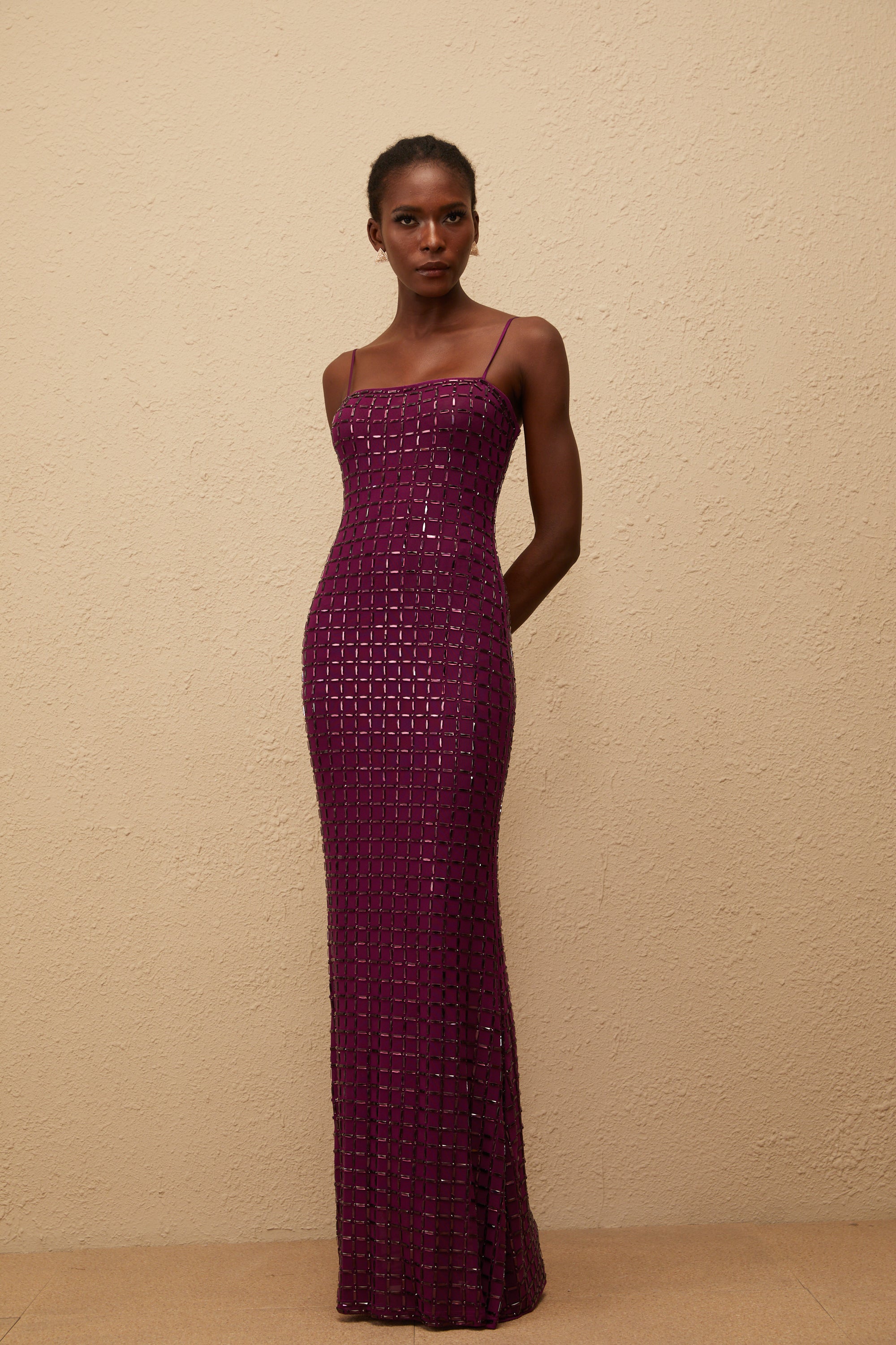 Térébenthine Purple Rhinestone Mesh Maxi Dress