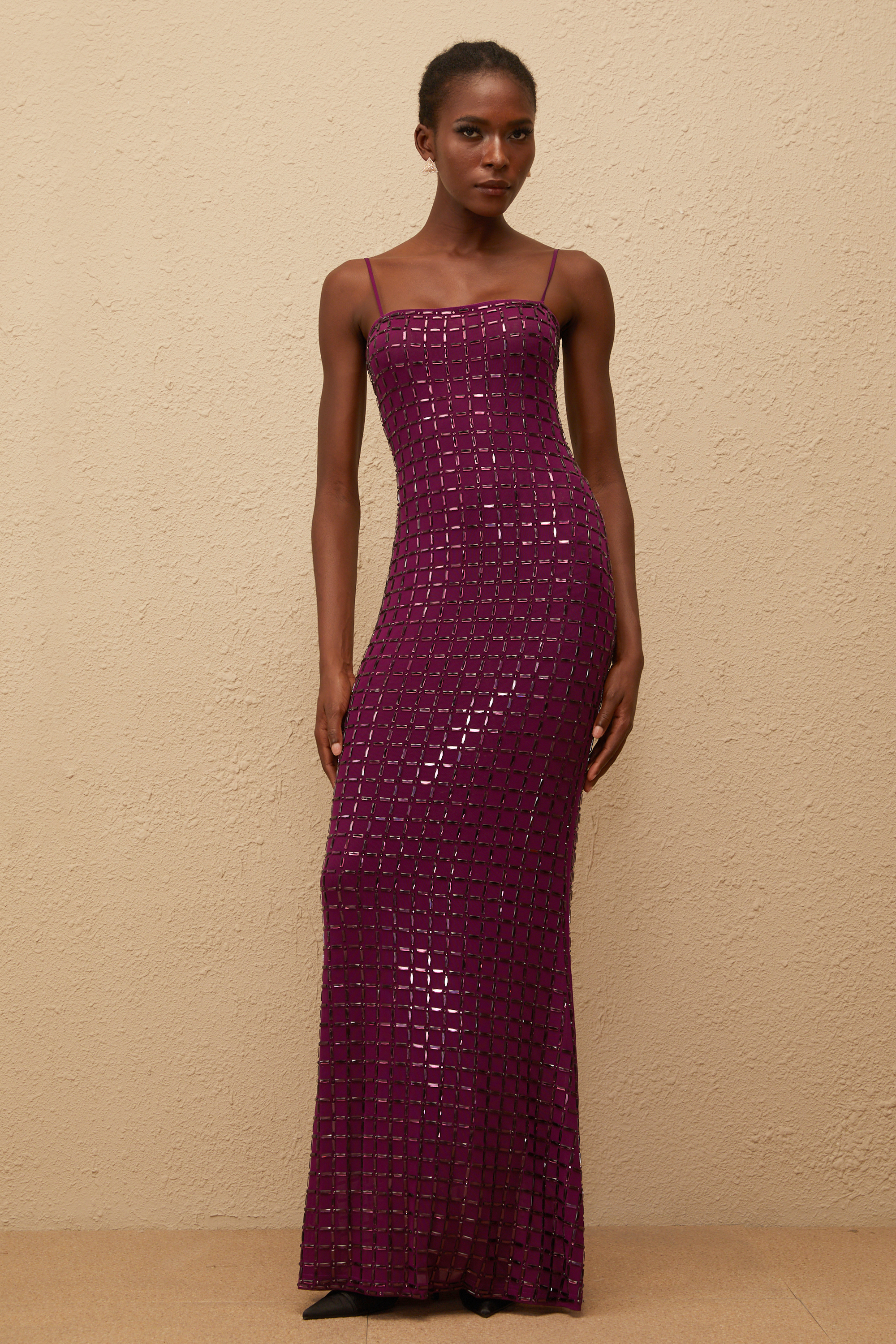 Térébenthine Purple Rhinestone Mesh Maxi Dress (Final Sale-US Only)