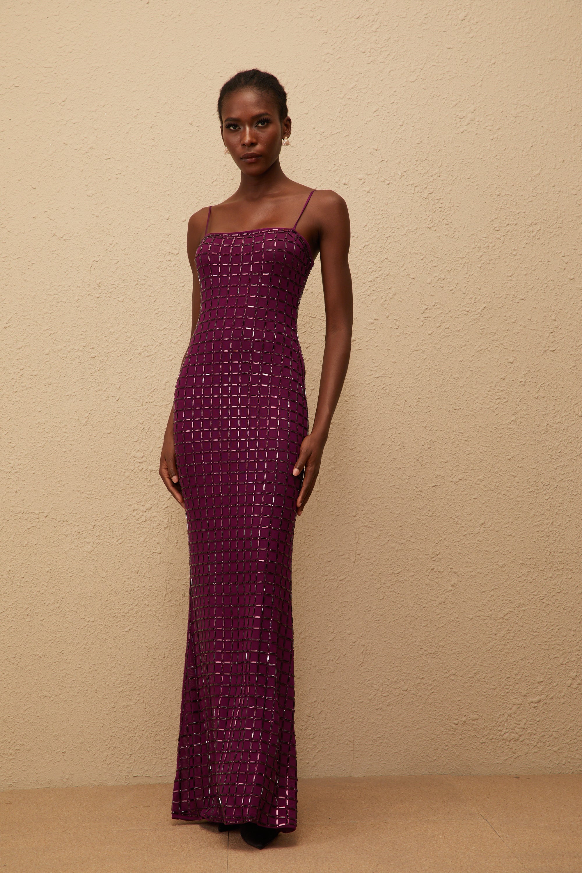 Térébenthine Purple Rhinestone Mesh Maxi Dress