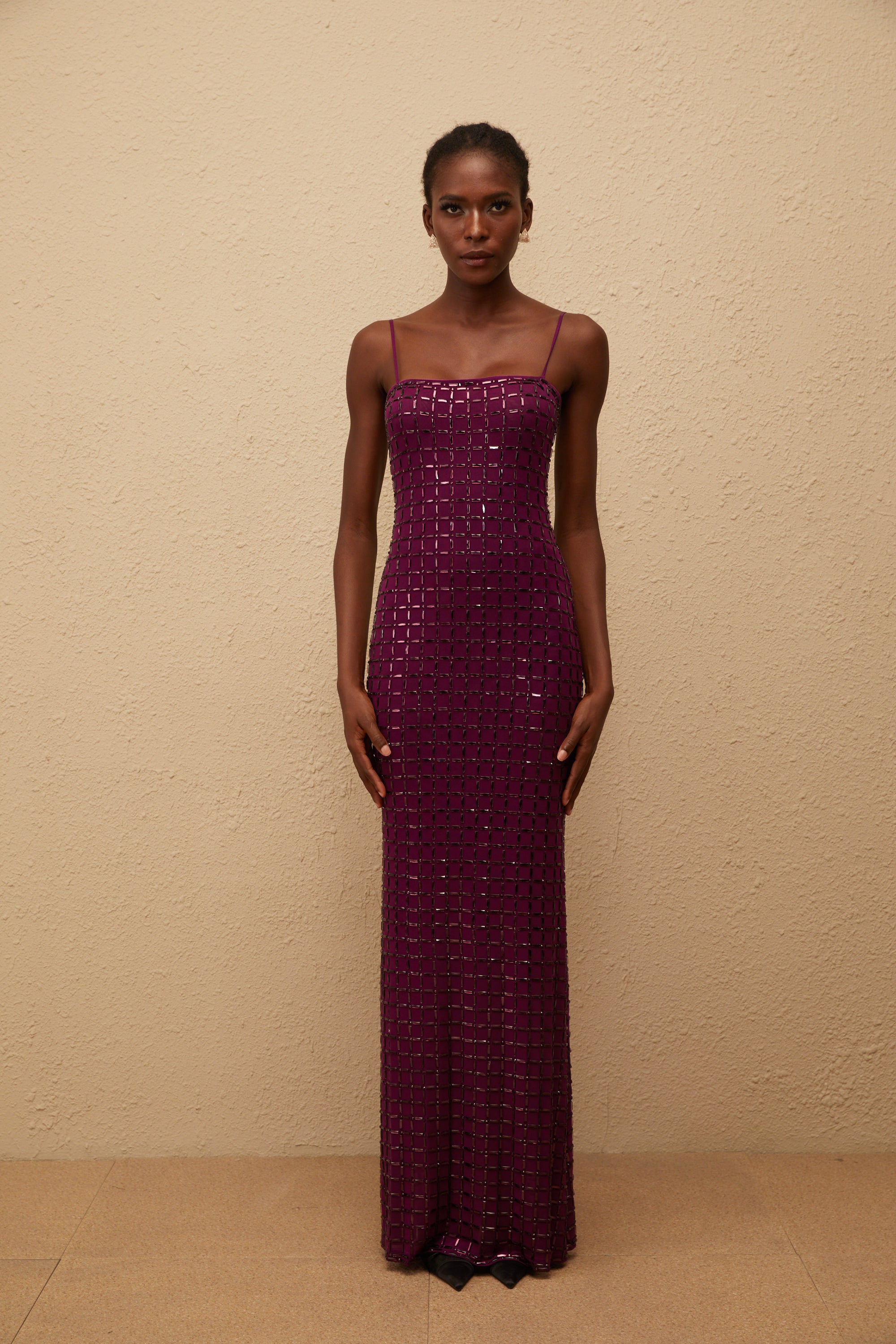 Térébenthine Purple Rhinestone Mesh Maxi Dress