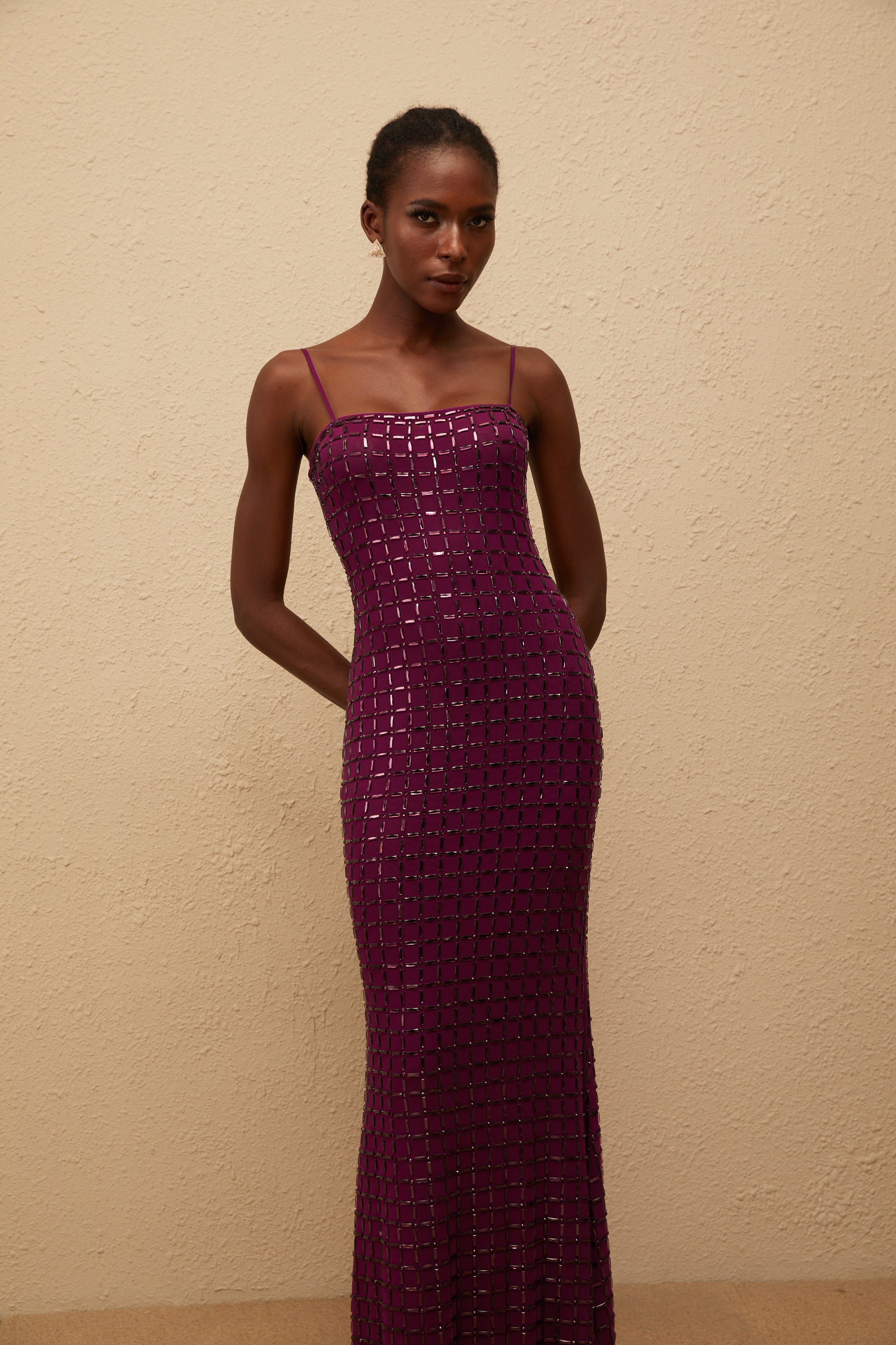 Térébenthine Purple Rhinestone Mesh Maxi Dress