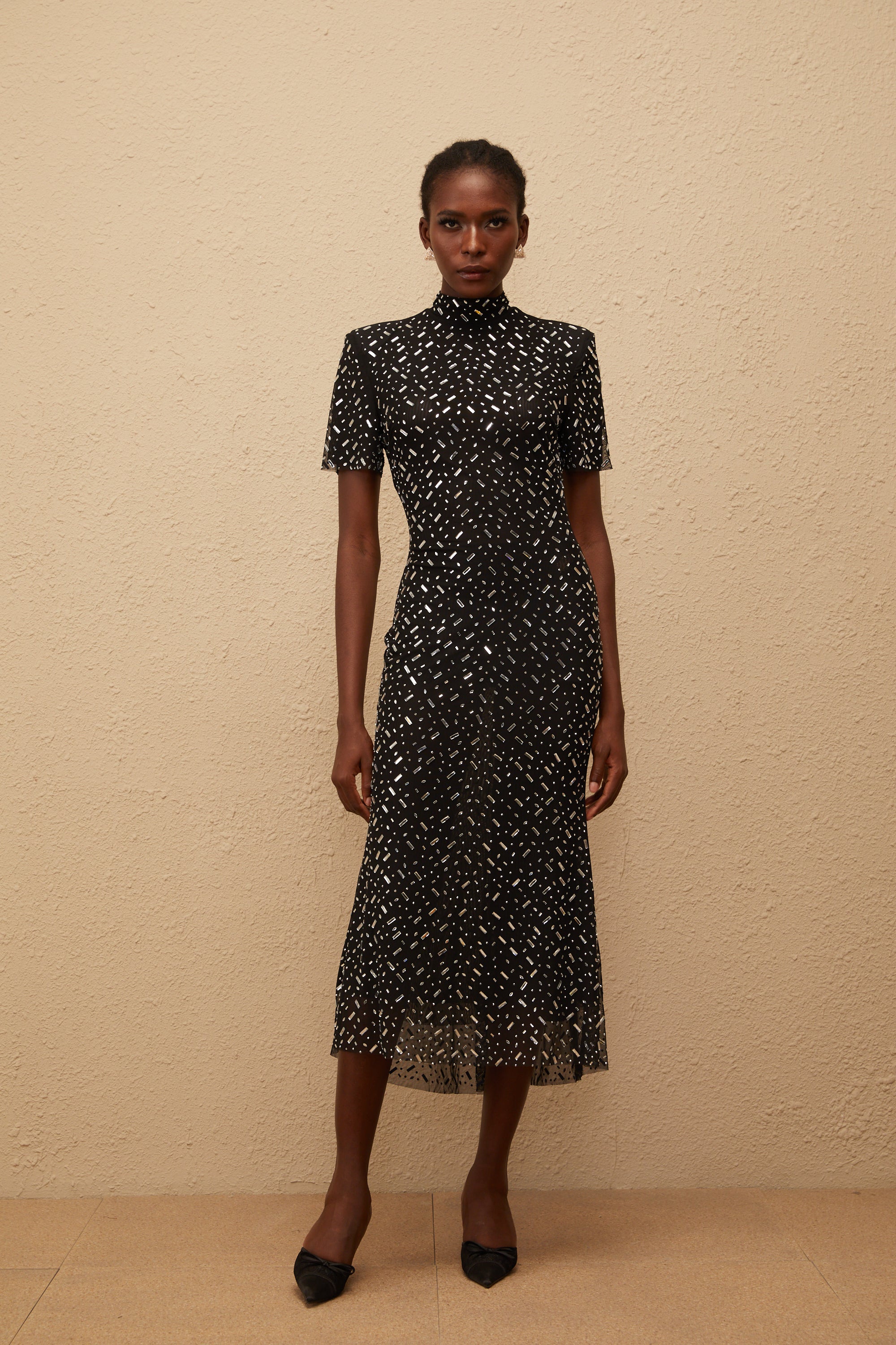 Donatienne Black Embellished Mesh Midi dress