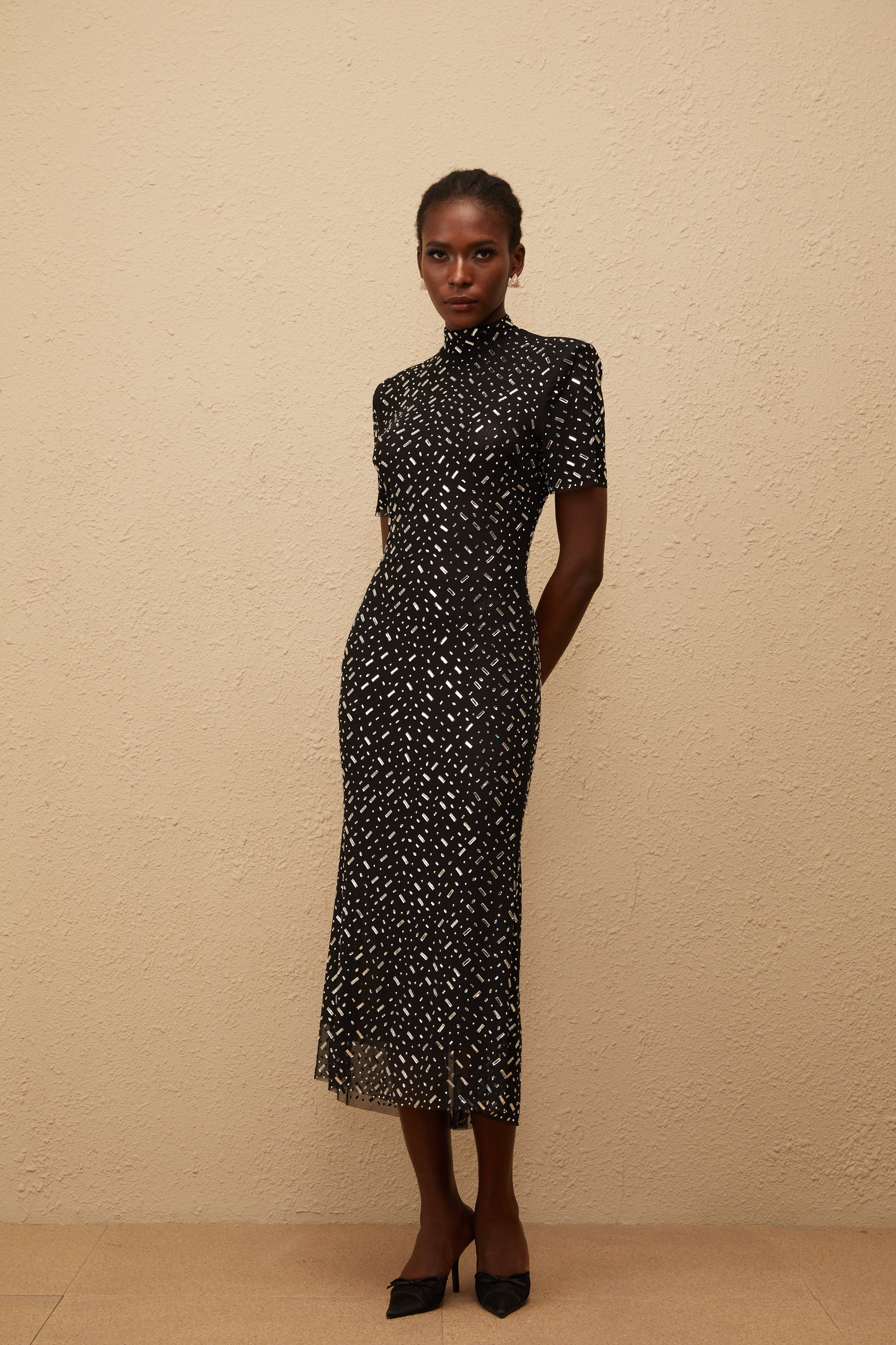 Donatienne Black Embellished Mesh Midi dress