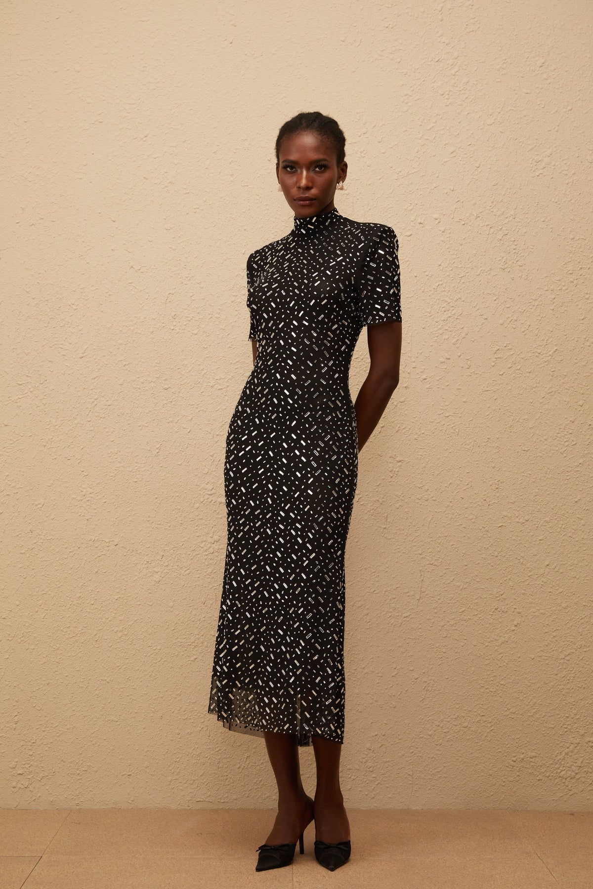 Donatienne Black Embellished Mesh Midi dress