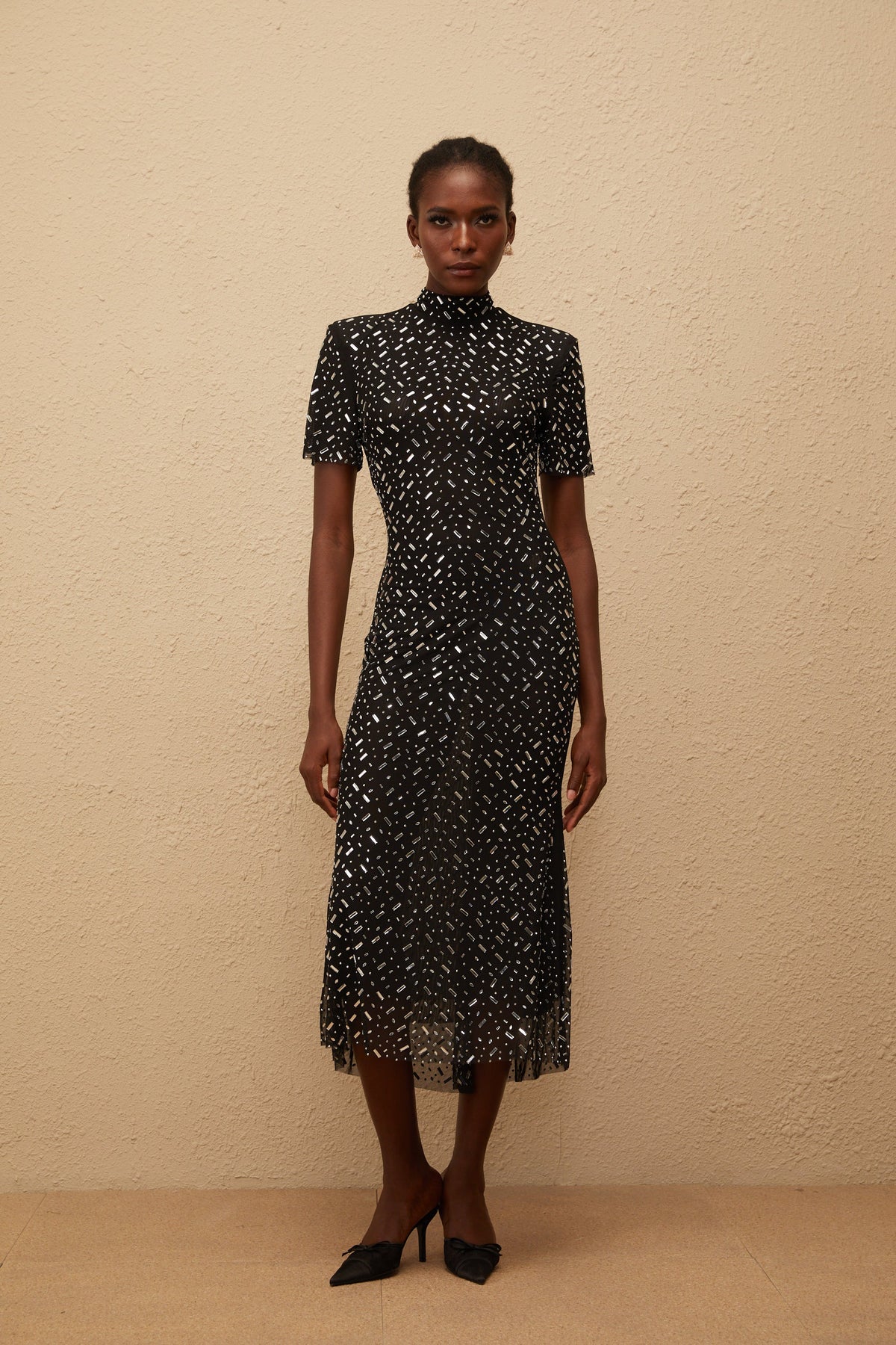 Donatienne Black Embellished Mesh Midi dress