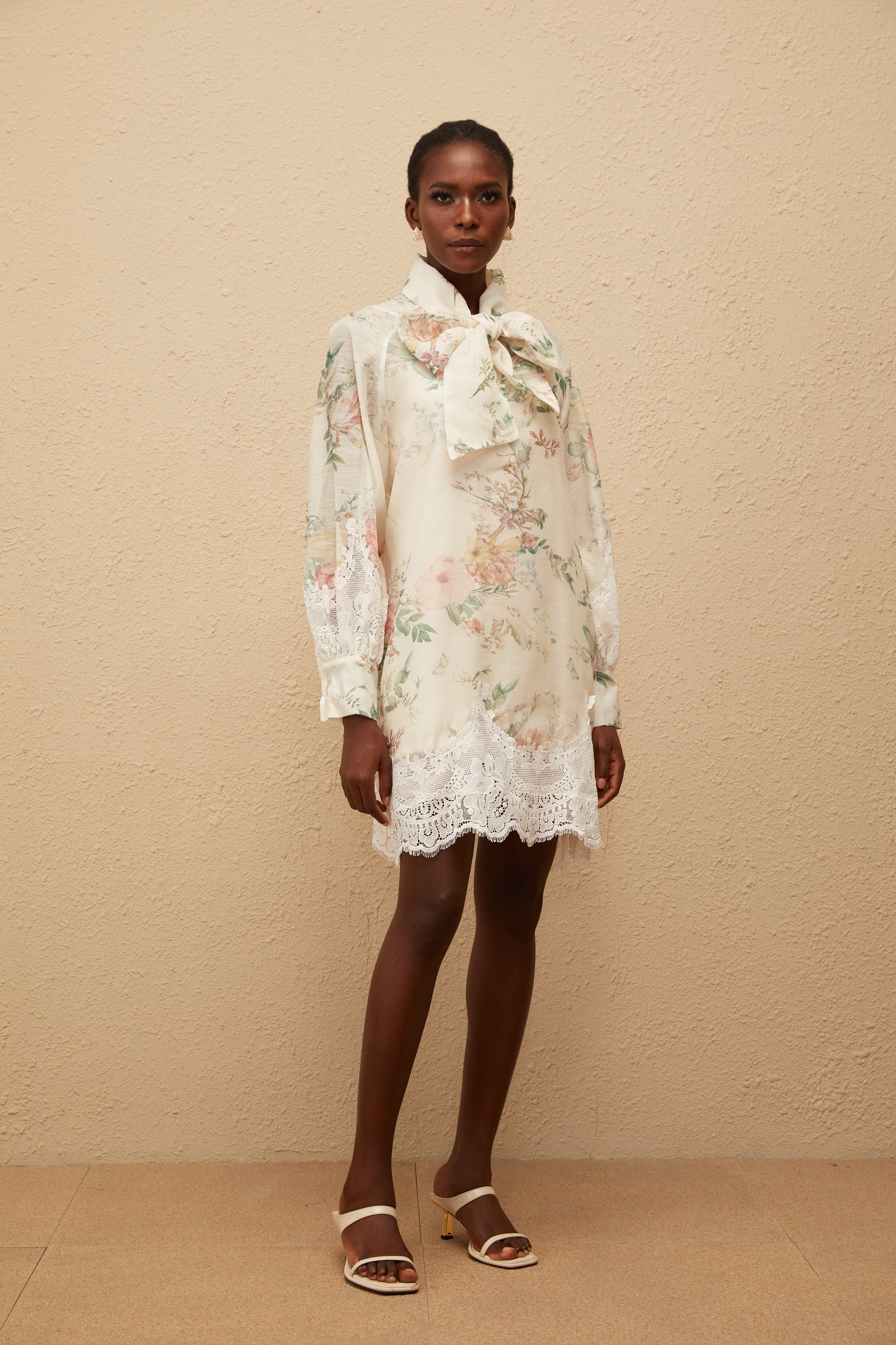 Isabelle Neutral Lace Trim Floral Mini Dress