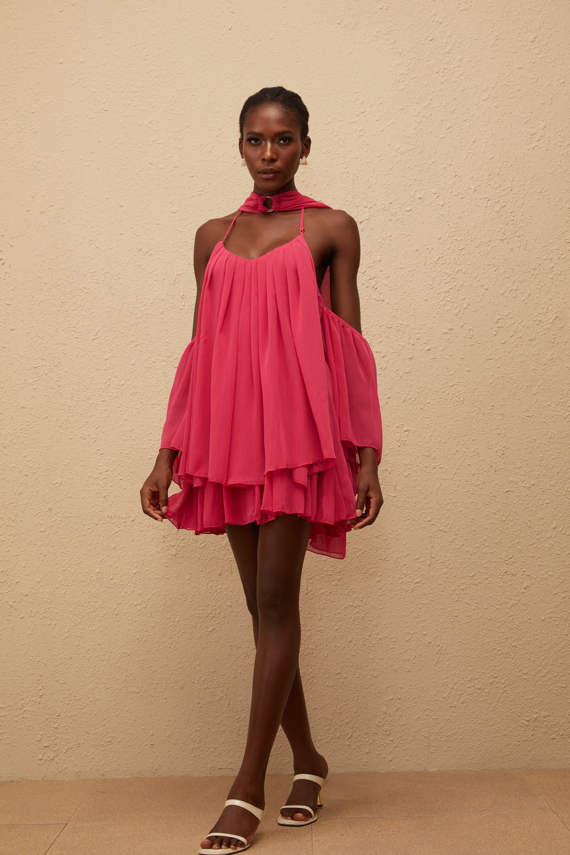 Aveline Hot Pink Pleated Chiffon Mini Dress