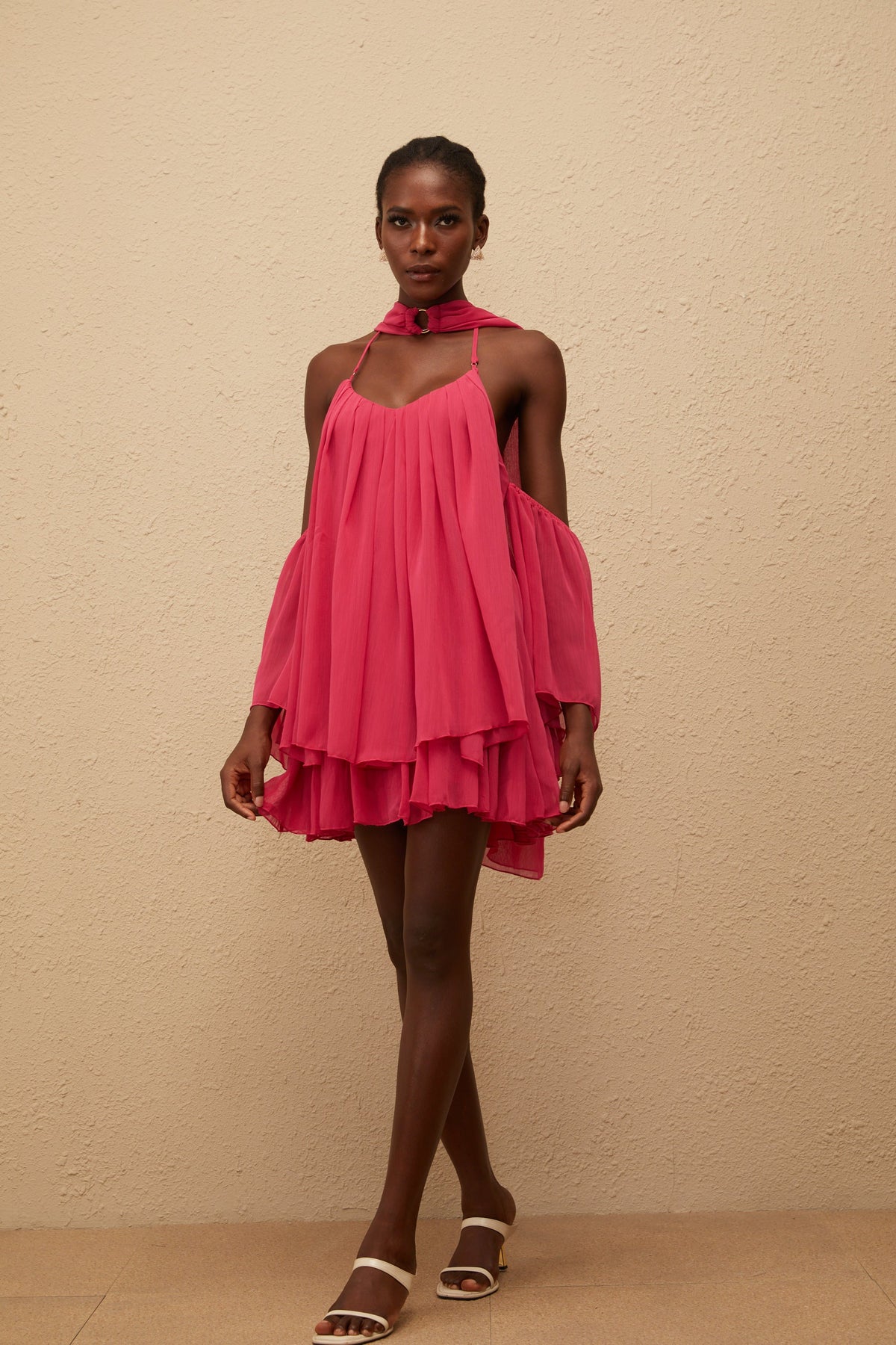 Aveline Hot Pink Pleated Chiffon Mini Dress