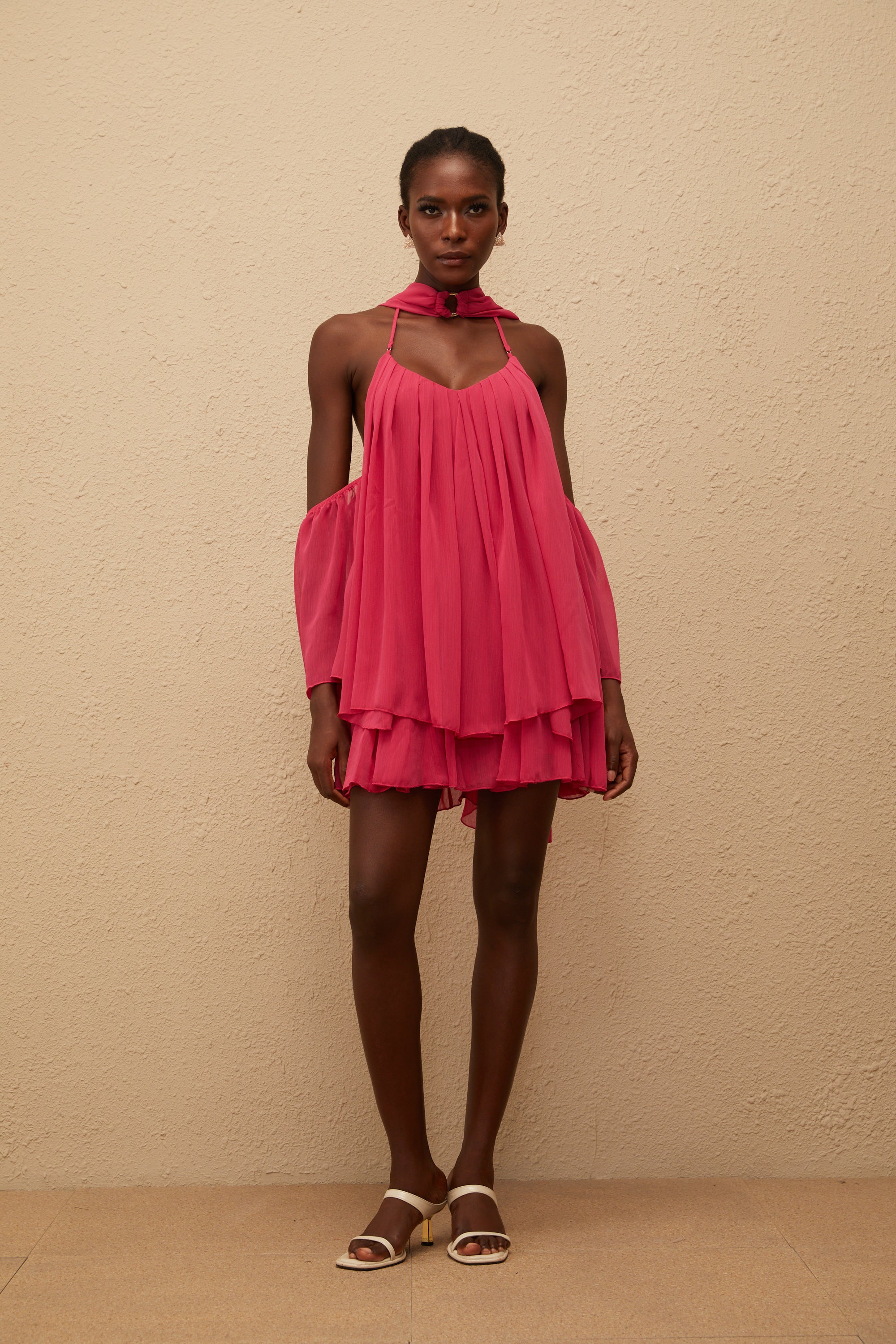 Aveline Hot Pink Pleated Chiffon Mini Dress