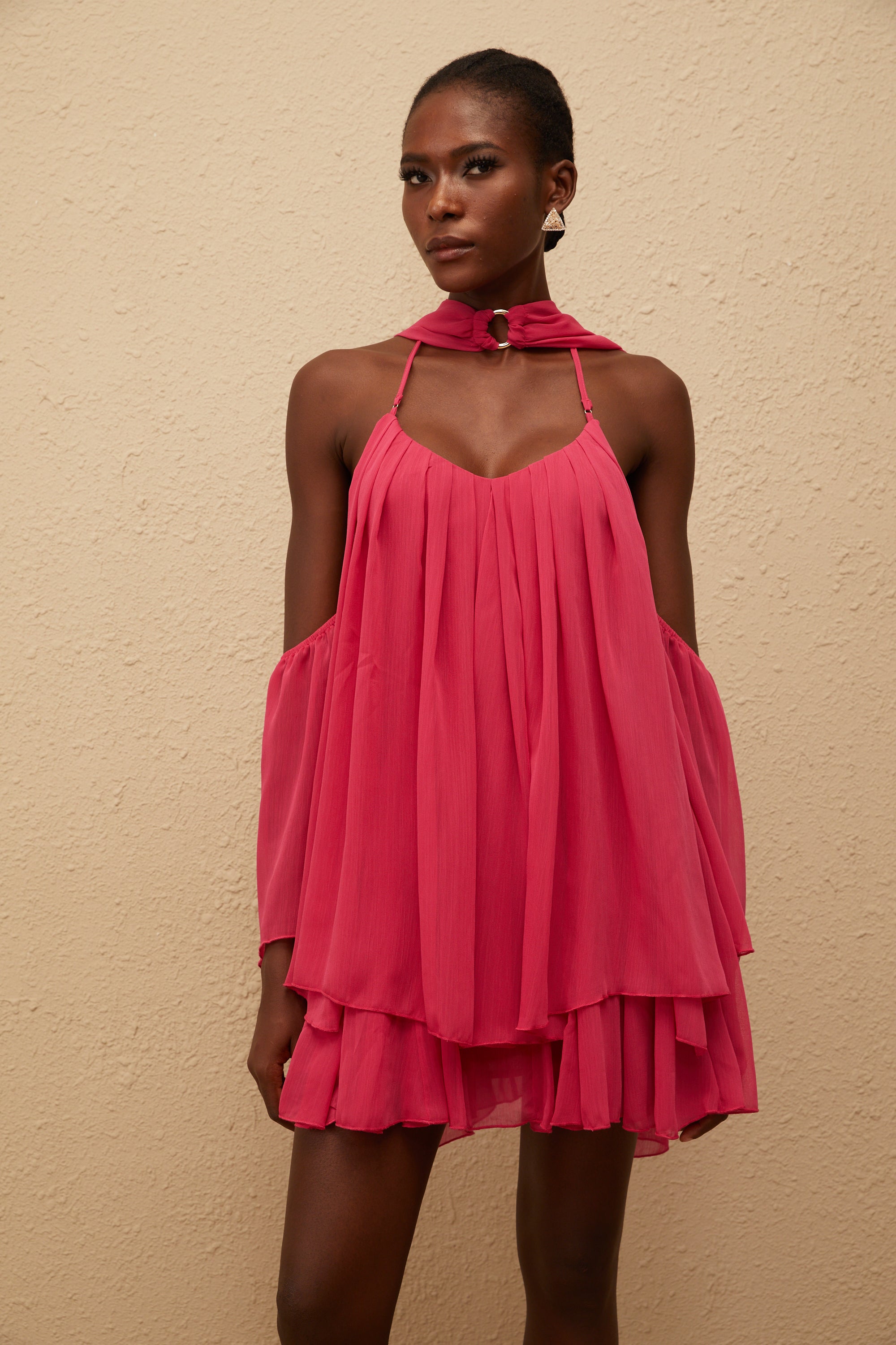 Aveline Hot Pink Pleated Chiffon Mini Dress