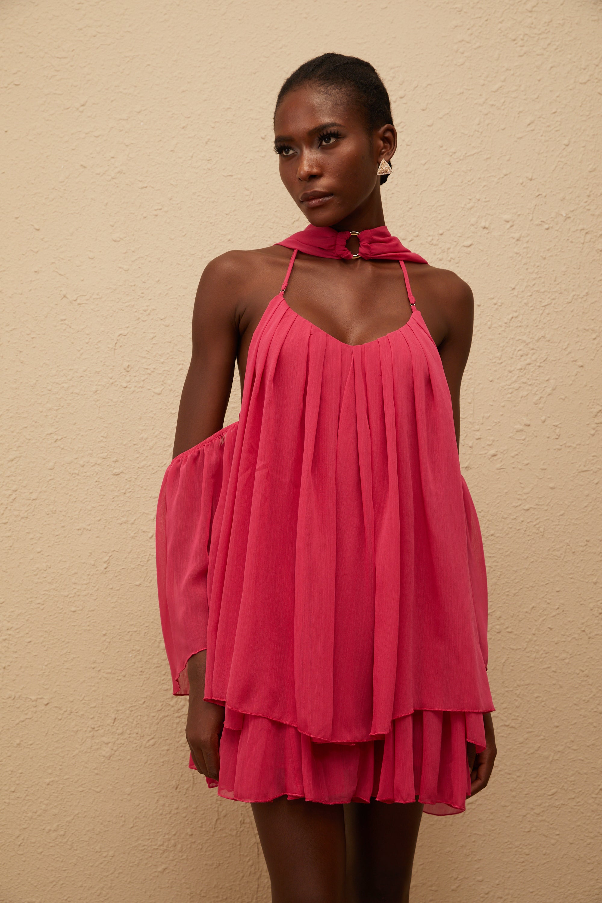 Aveline Hot Pink Pleated Chiffon Mini Dress