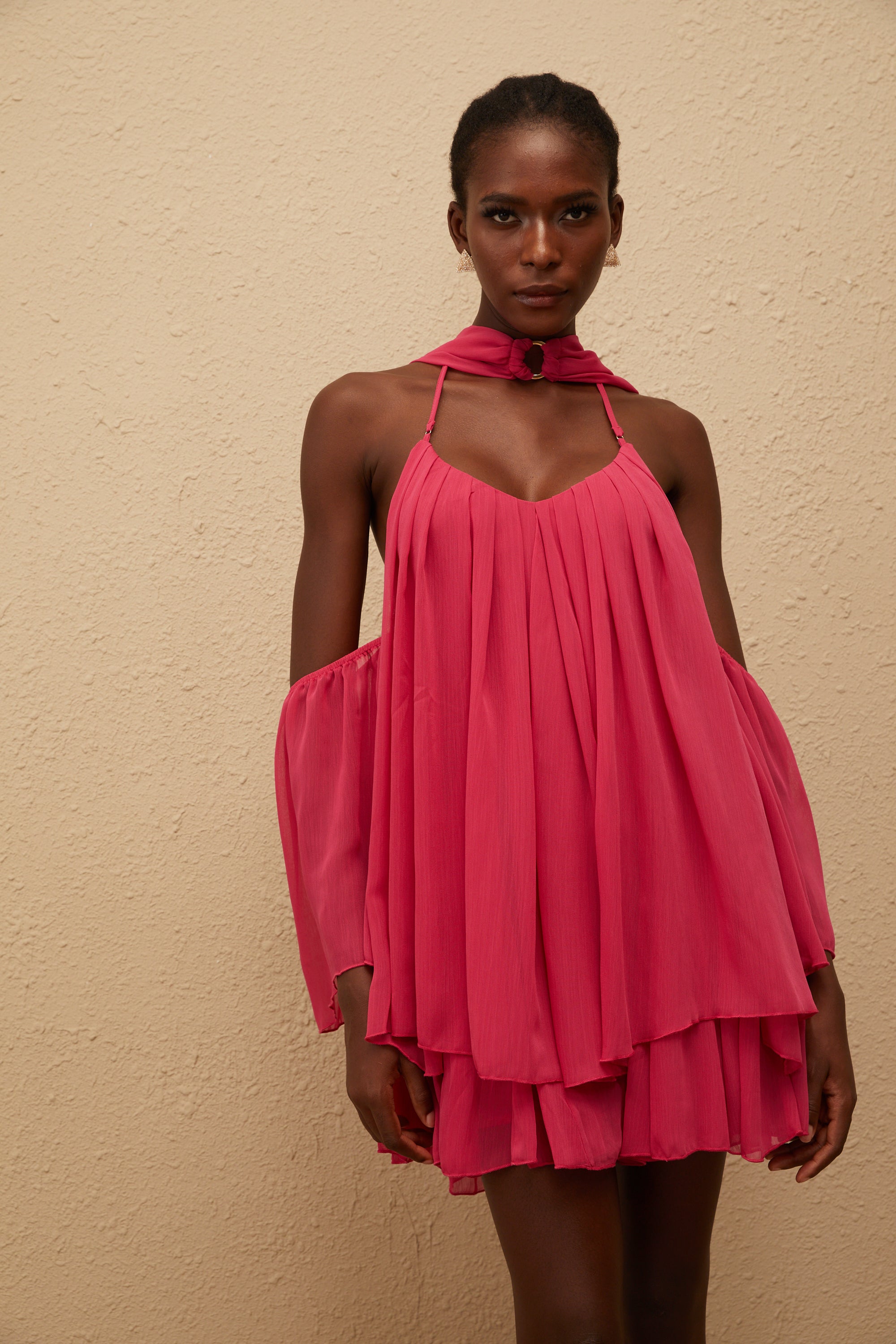 Aveline Hot Pink Pleated Chiffon Mini Dress