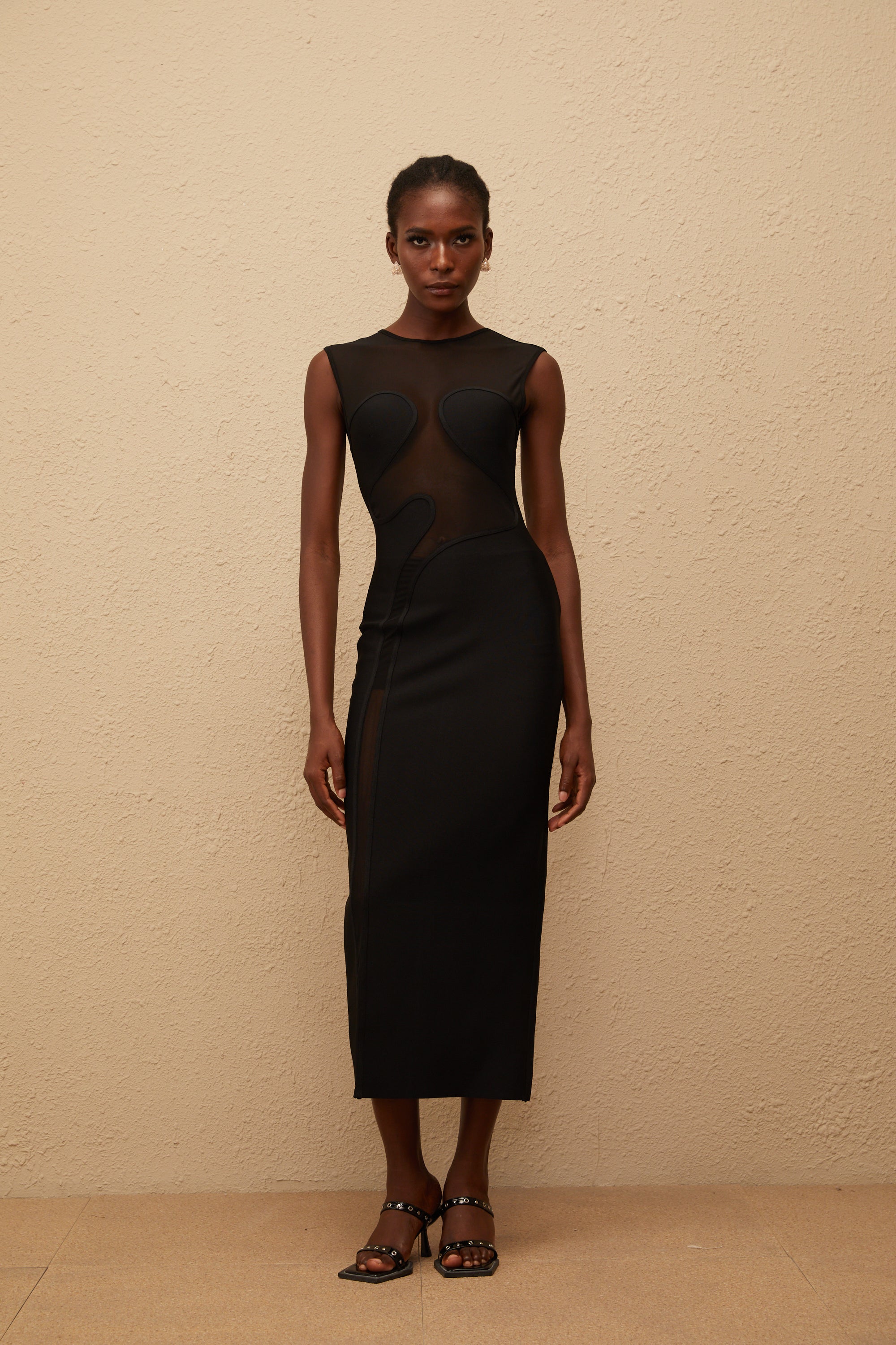 Cyrielle Black Mesh Panel Knit Maxi Dress