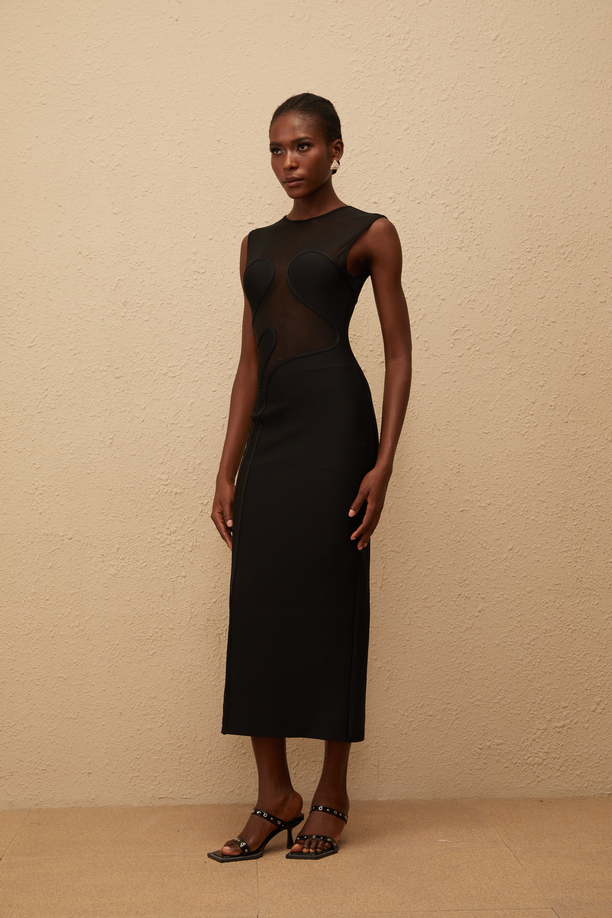 Cyrielle Black Mesh Panel Knit Maxi Dress