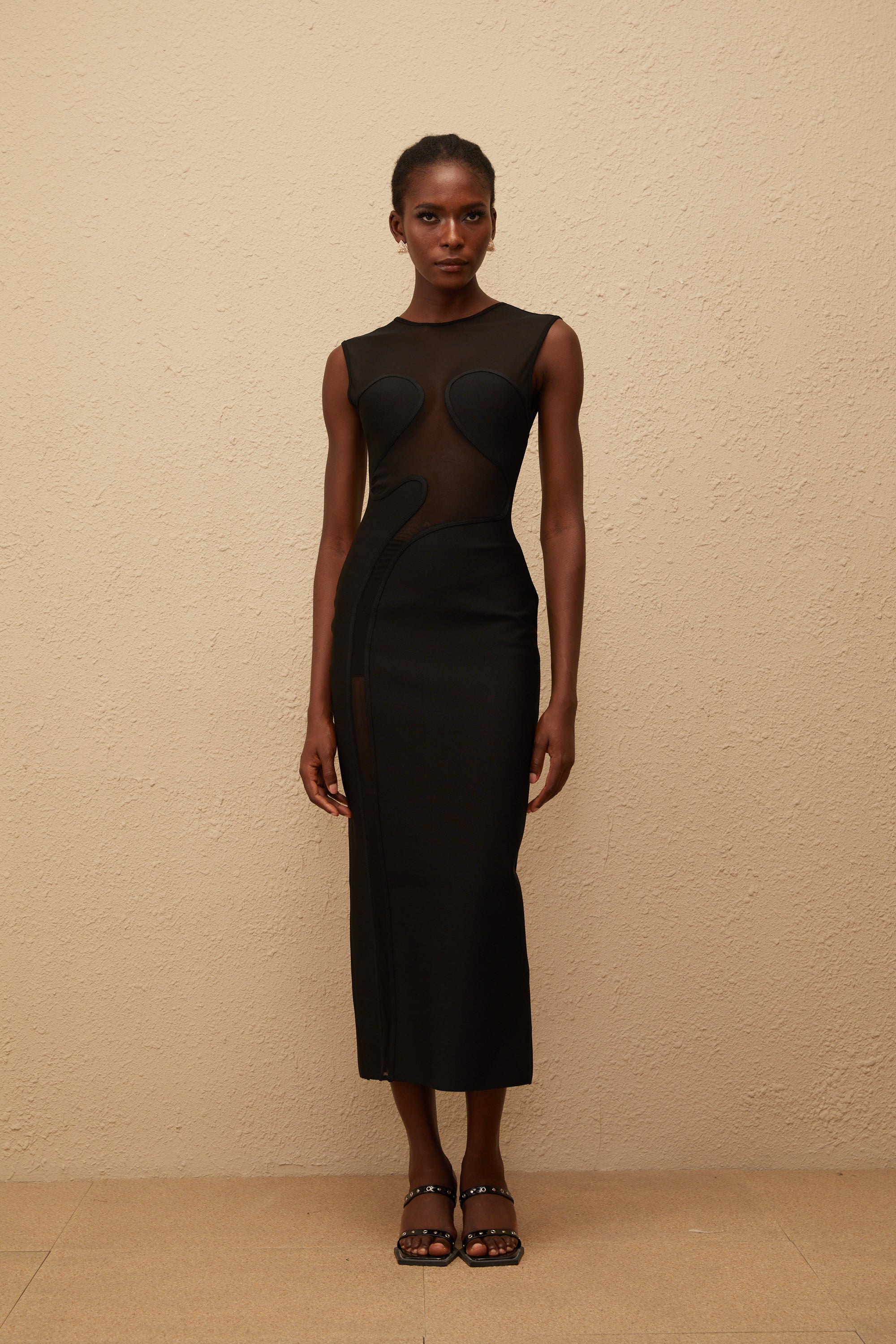 Cyrielle Black Mesh Panel Knit Maxi Dress