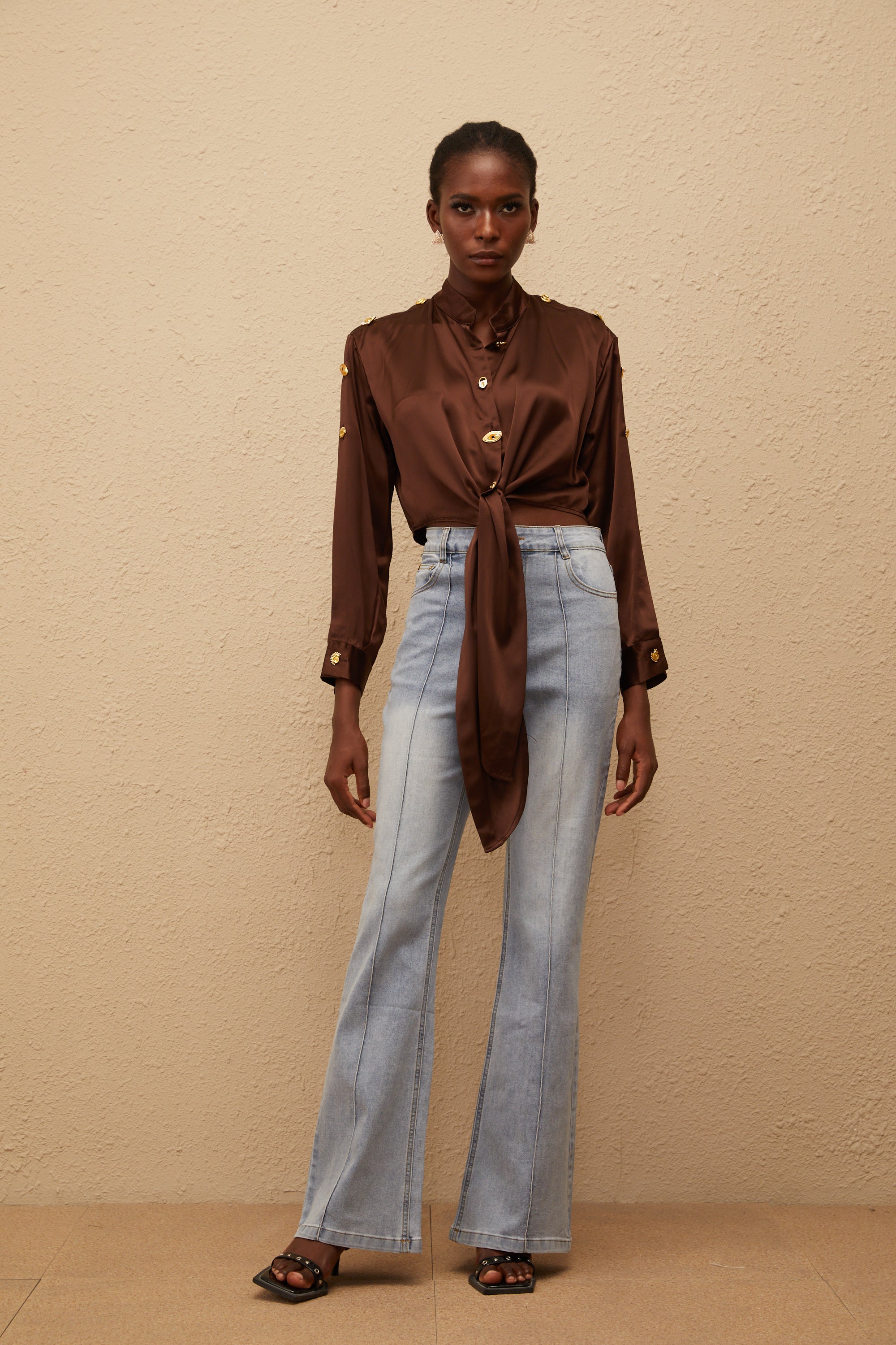 Josette Brown Satin Crop Shirt with Tie Detail