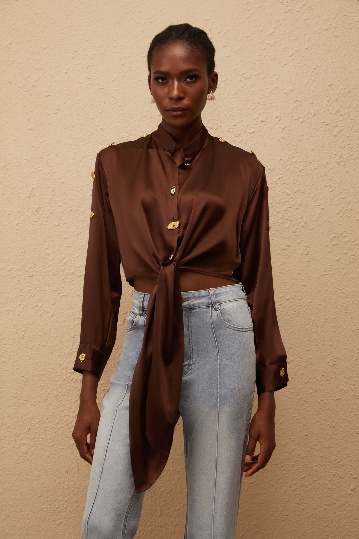 Josette Brown Satin Crop Shirt with Tie Detail