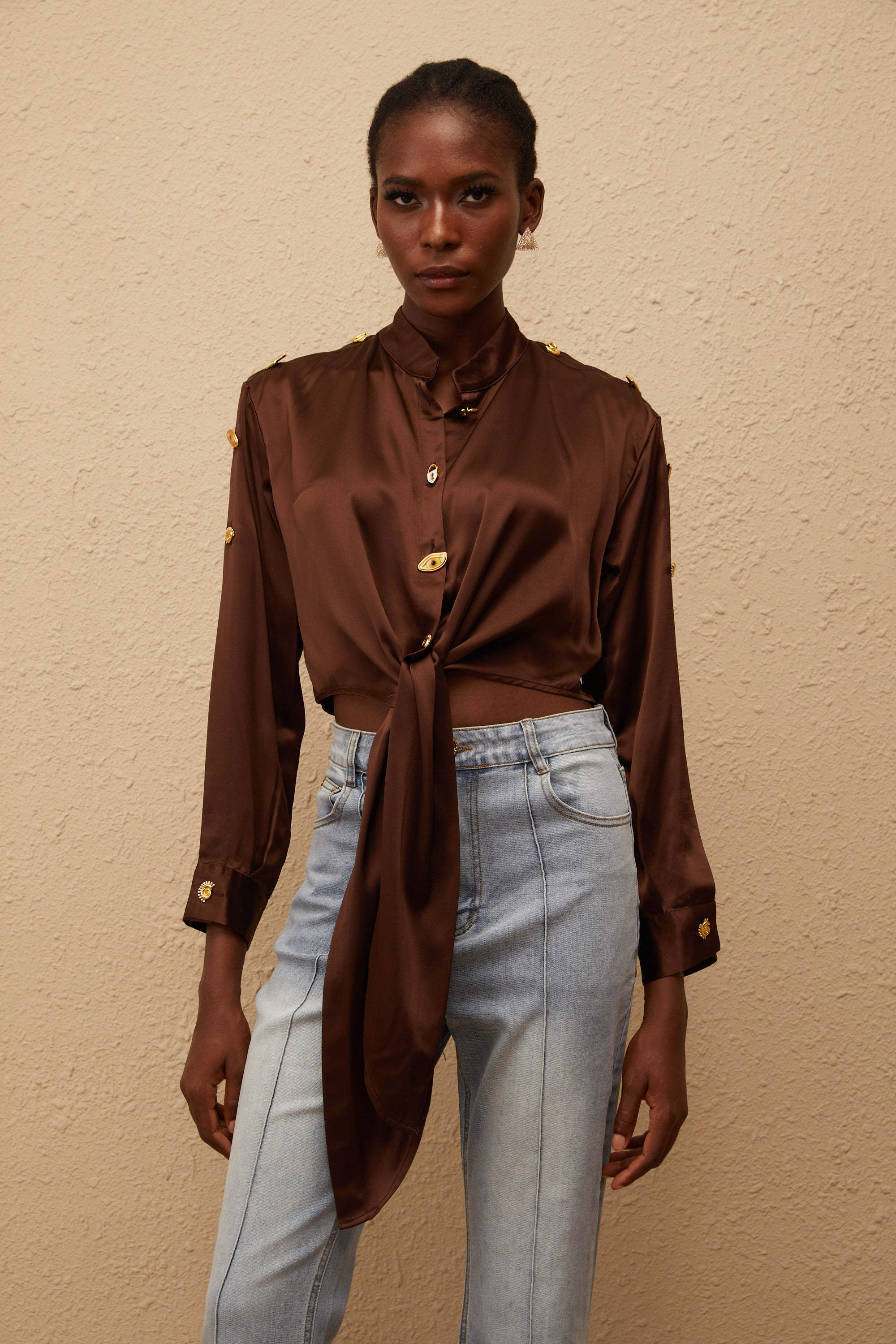 Josette Brown Satin Crop Shirt with Tie Detail