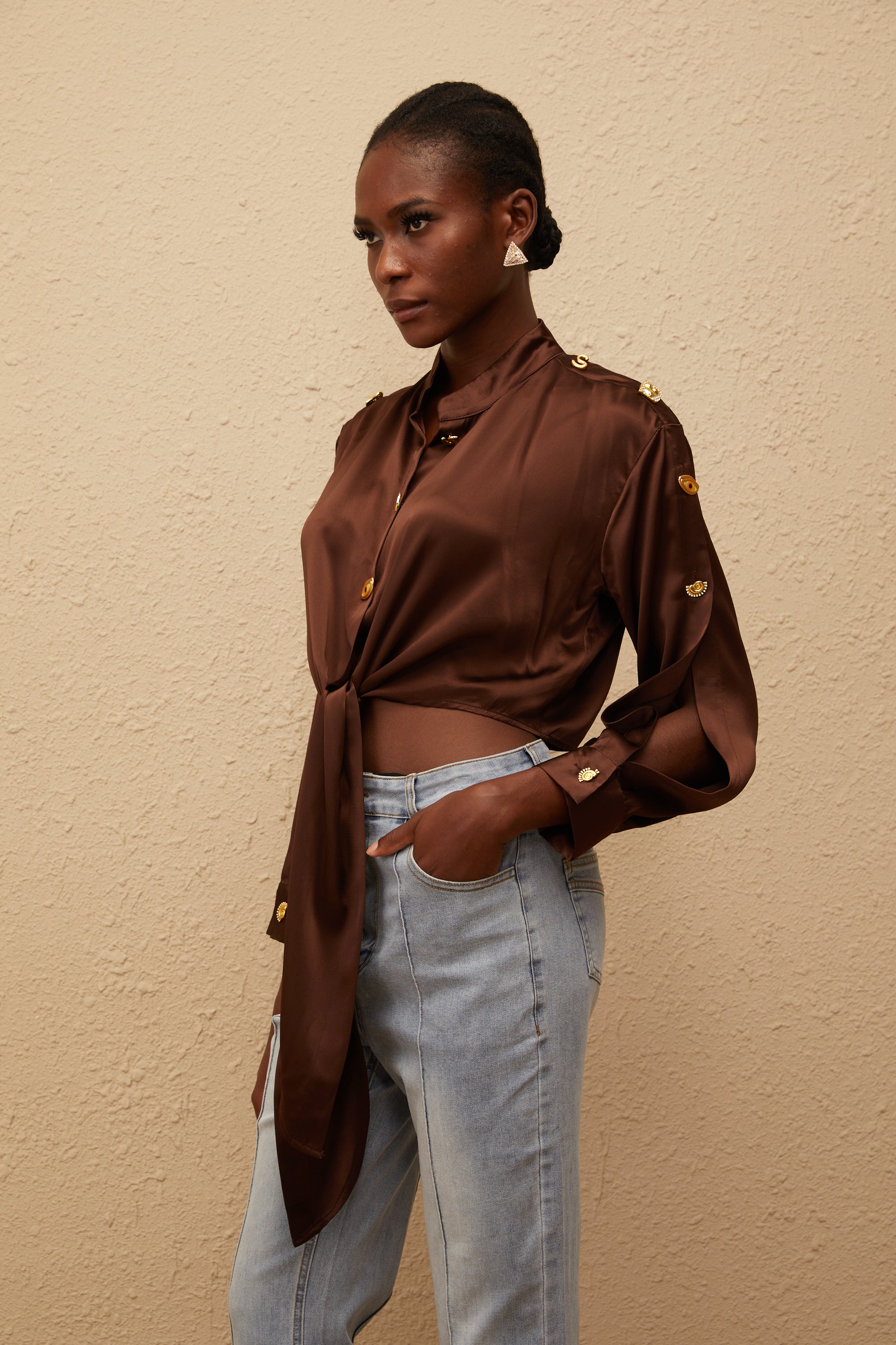 Josette Brown Satin Crop Shirt with Tie Detail