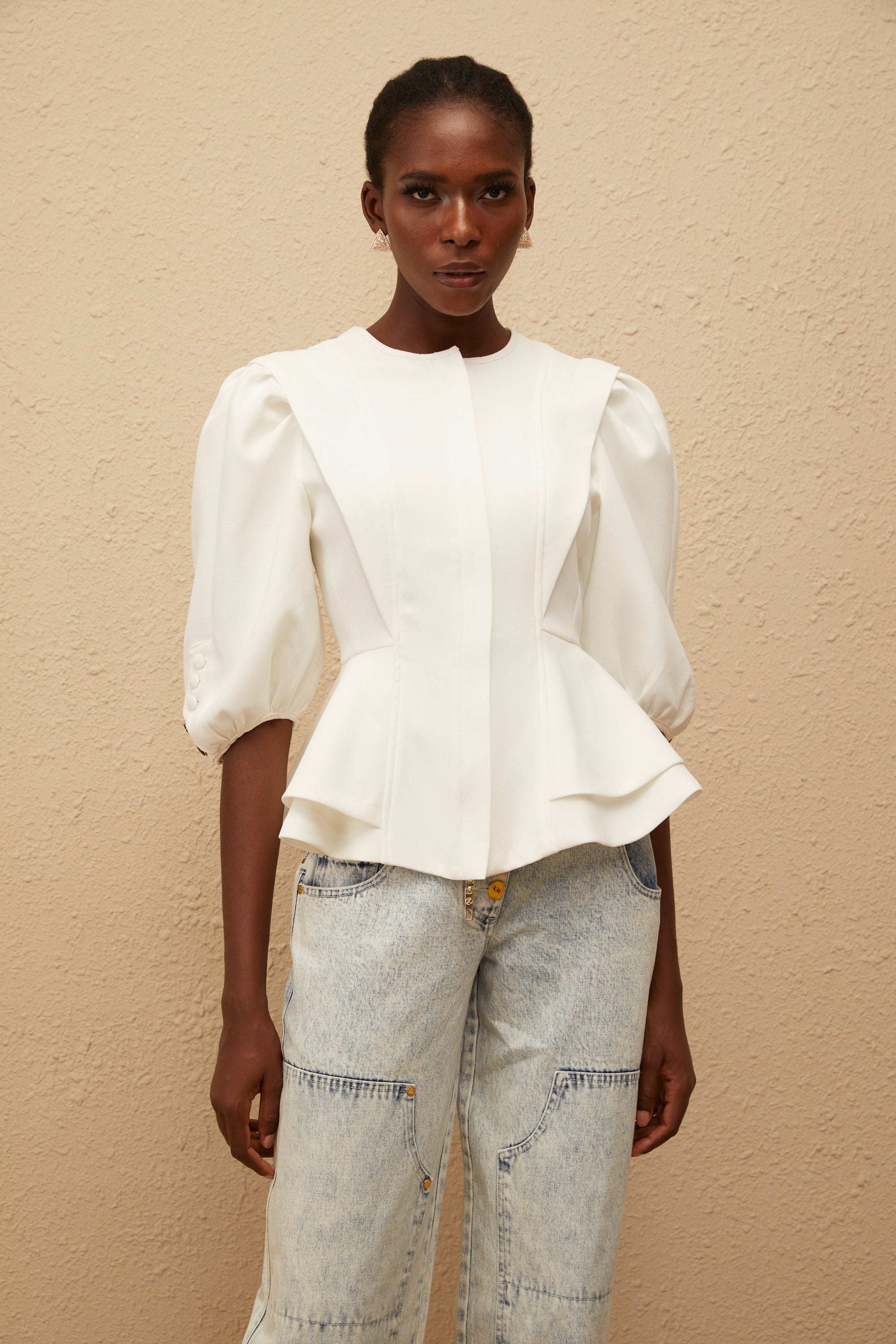 Gwenaëlle White Peplum Waist Blouse (Final Sale-US Only)
