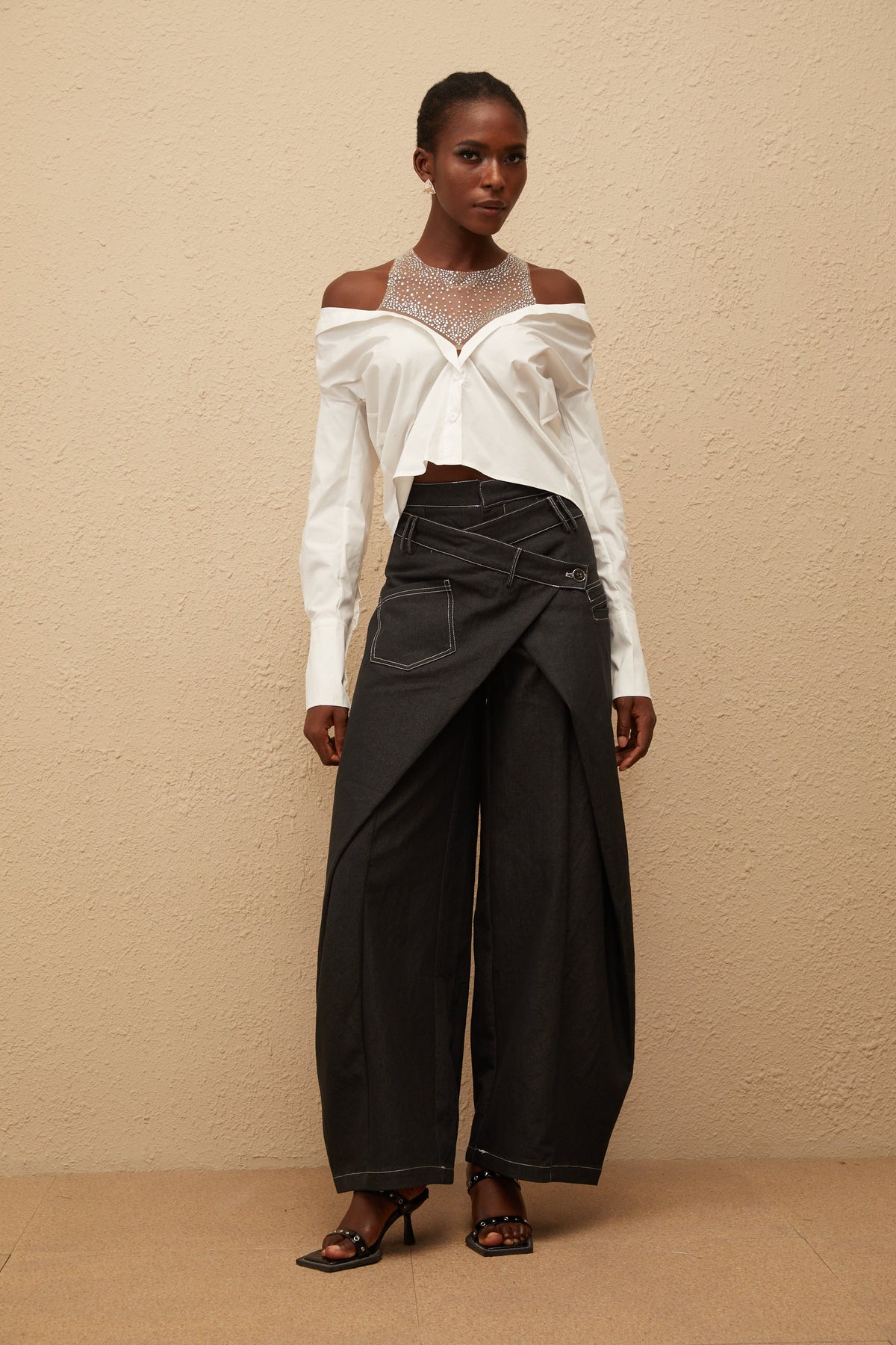 Fernande White Rhinestone Mesh Panel Shirt