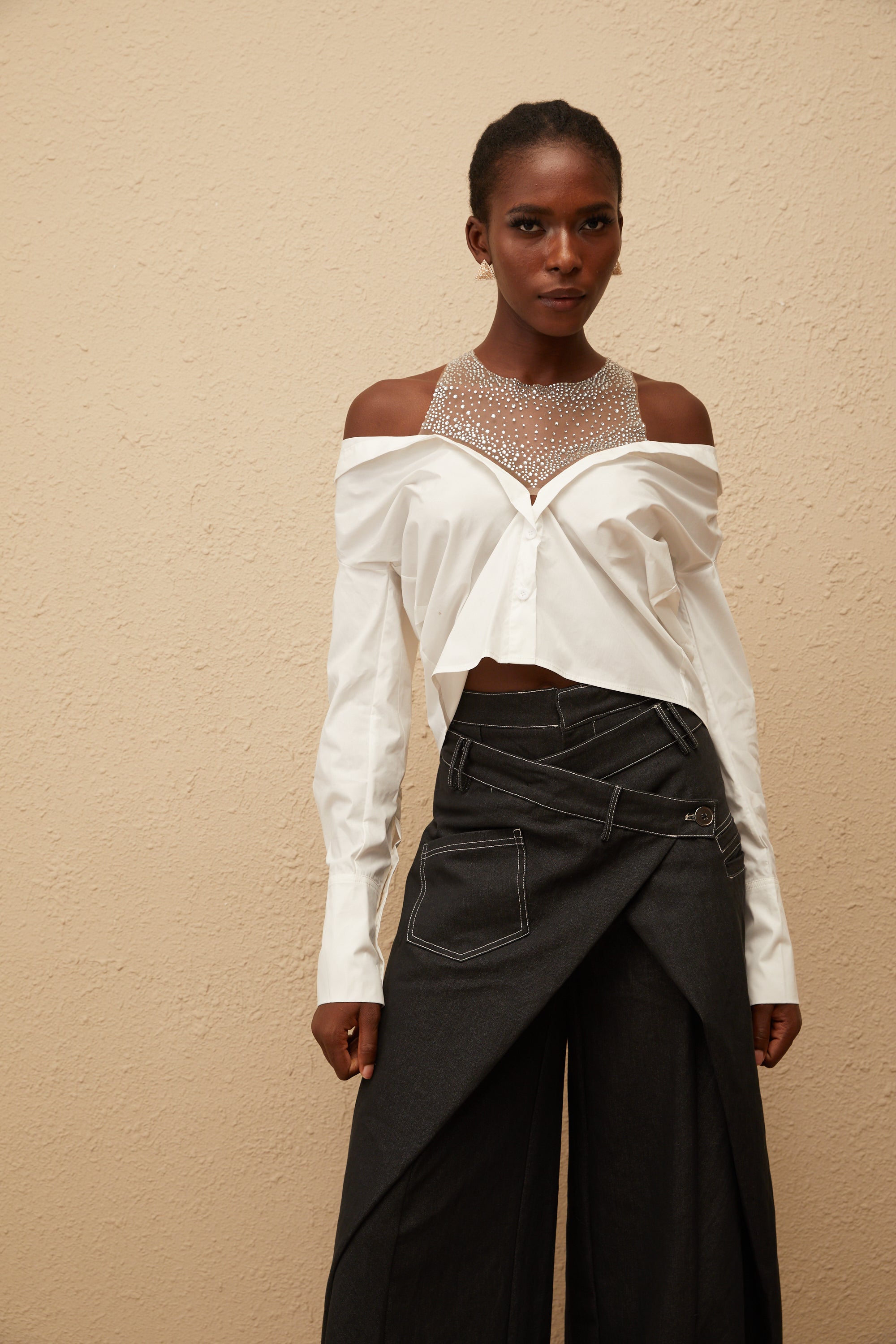 Fernande White Rhinestone Mesh Panel Shirt
