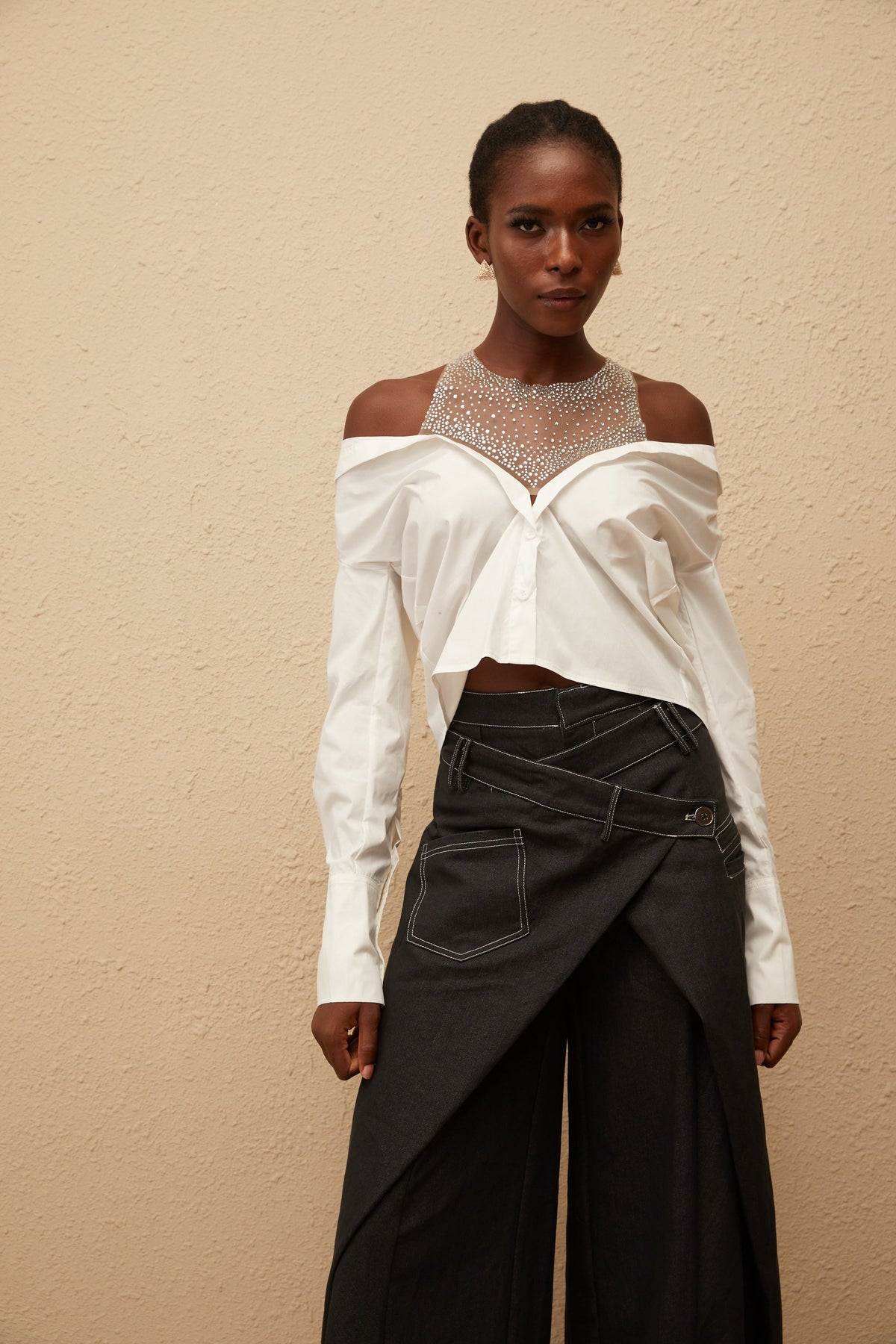 Fernande White Rhinestone Mesh Panel Shirt