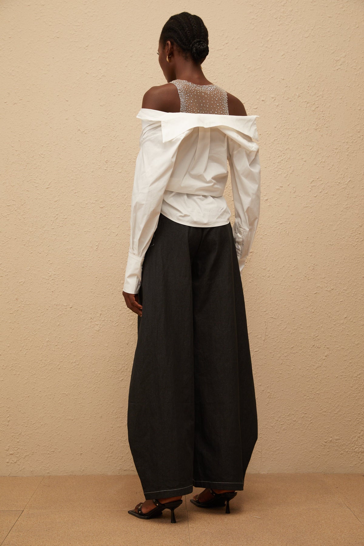 Fernande White Rhinestone Mesh Panel Shirt