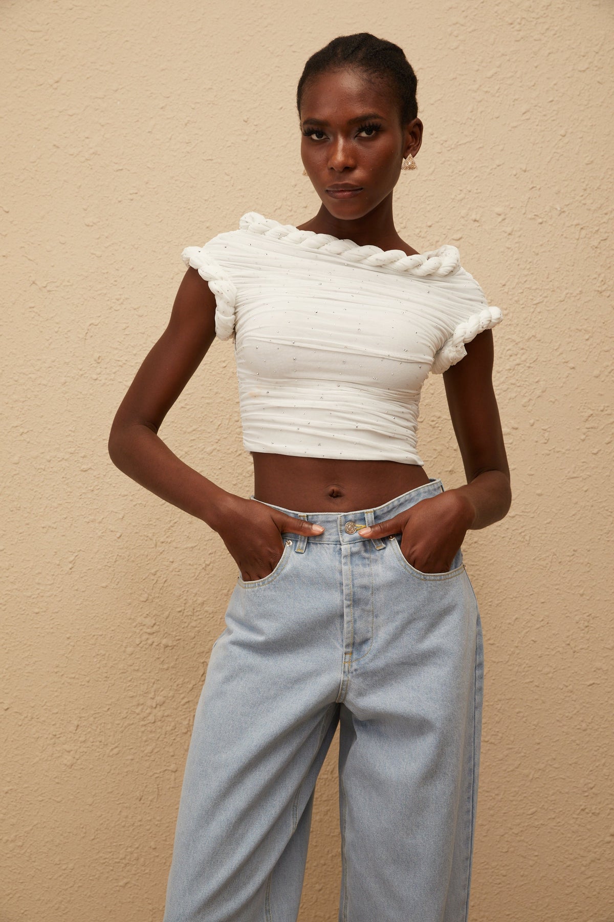 Lisette White Rhinestone Braided Ruched Top