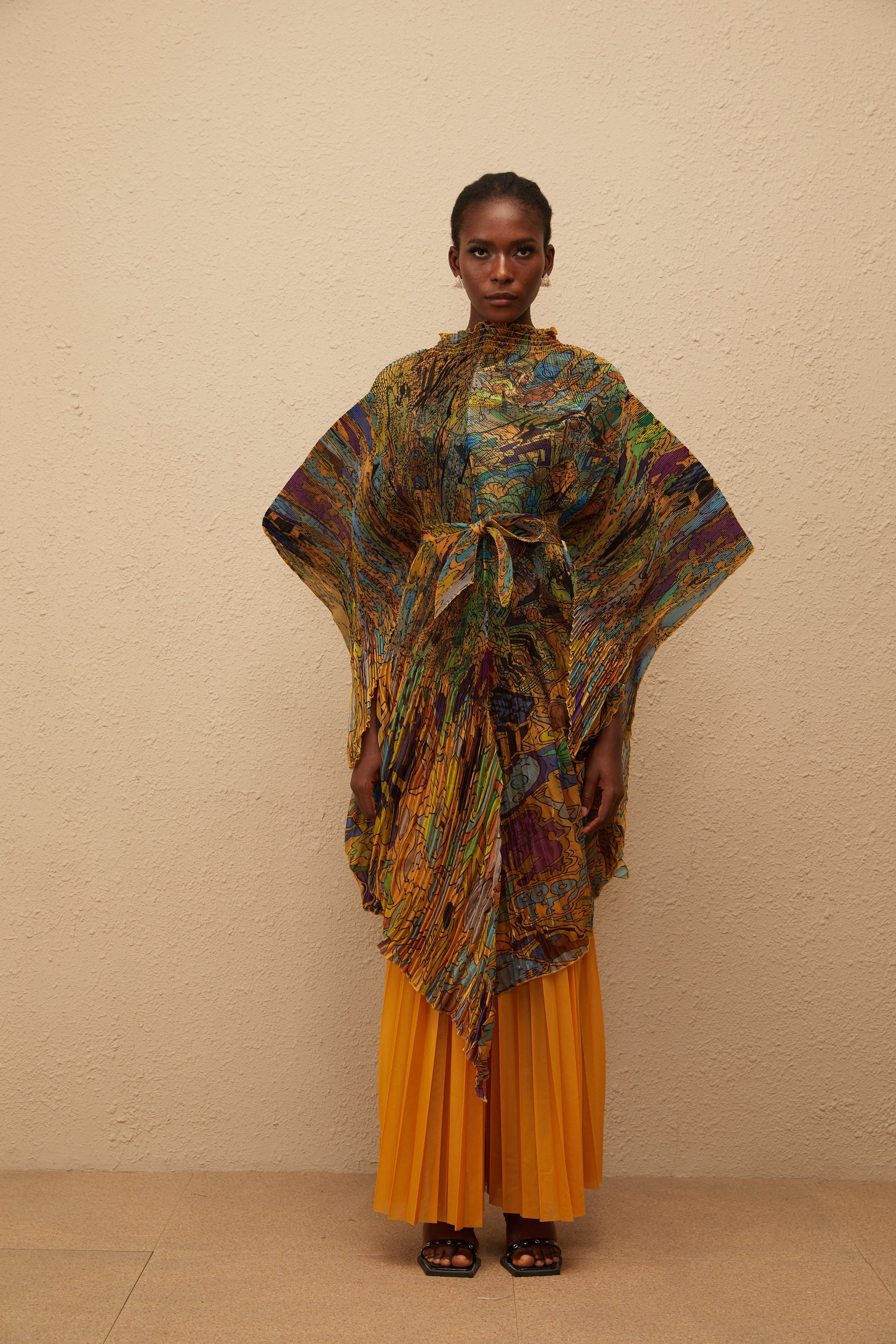 Mélodie Orange Pattern Print Pleated Blouse & Trousers Set