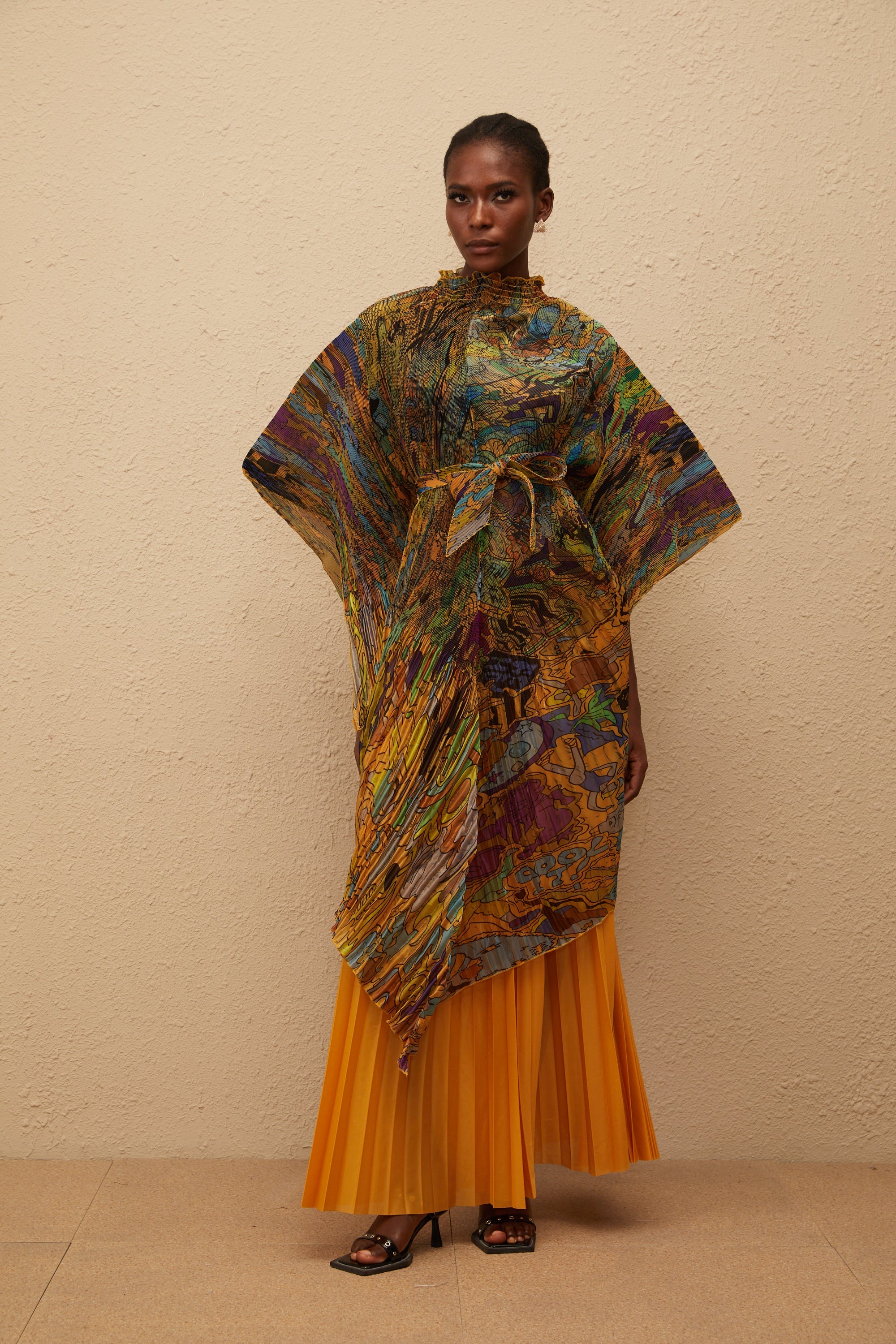 Mélodie Orange Pattern Print Pleated Blouse & Trousers Set