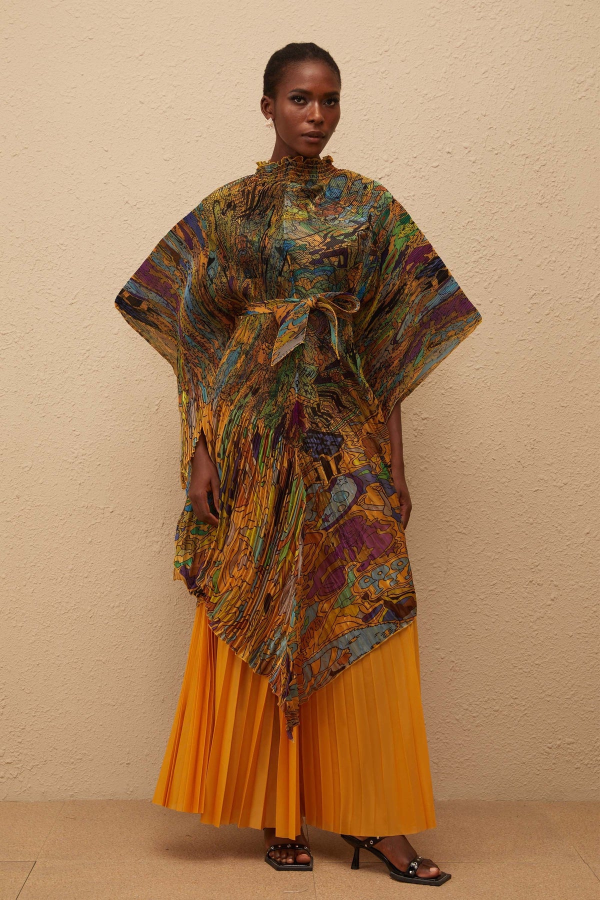 Mélodie Orange Pattern Print Pleated Blouse & Trousers Set
