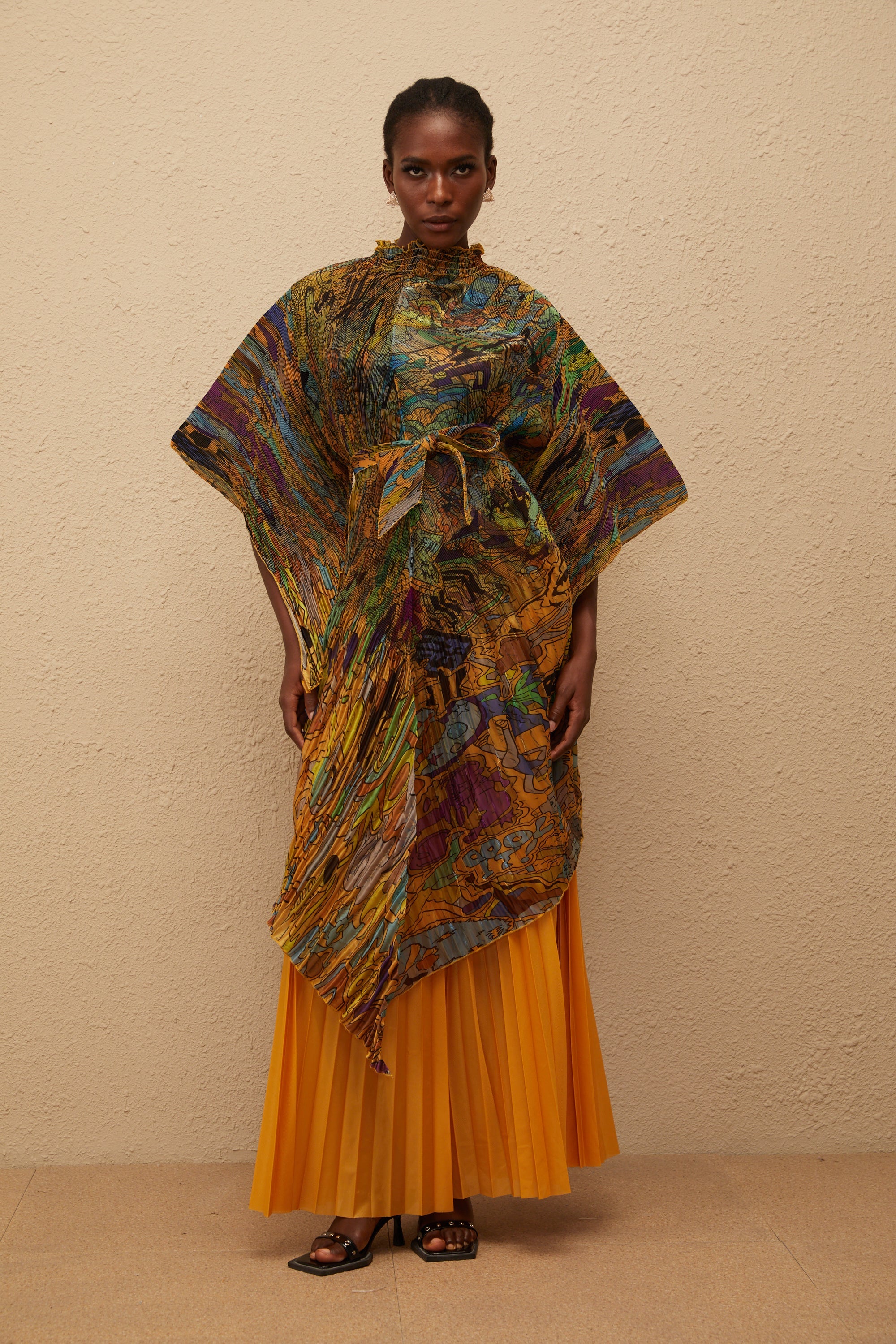 Mélodie Orange Pattern Print Pleated Blouse & Trousers Set