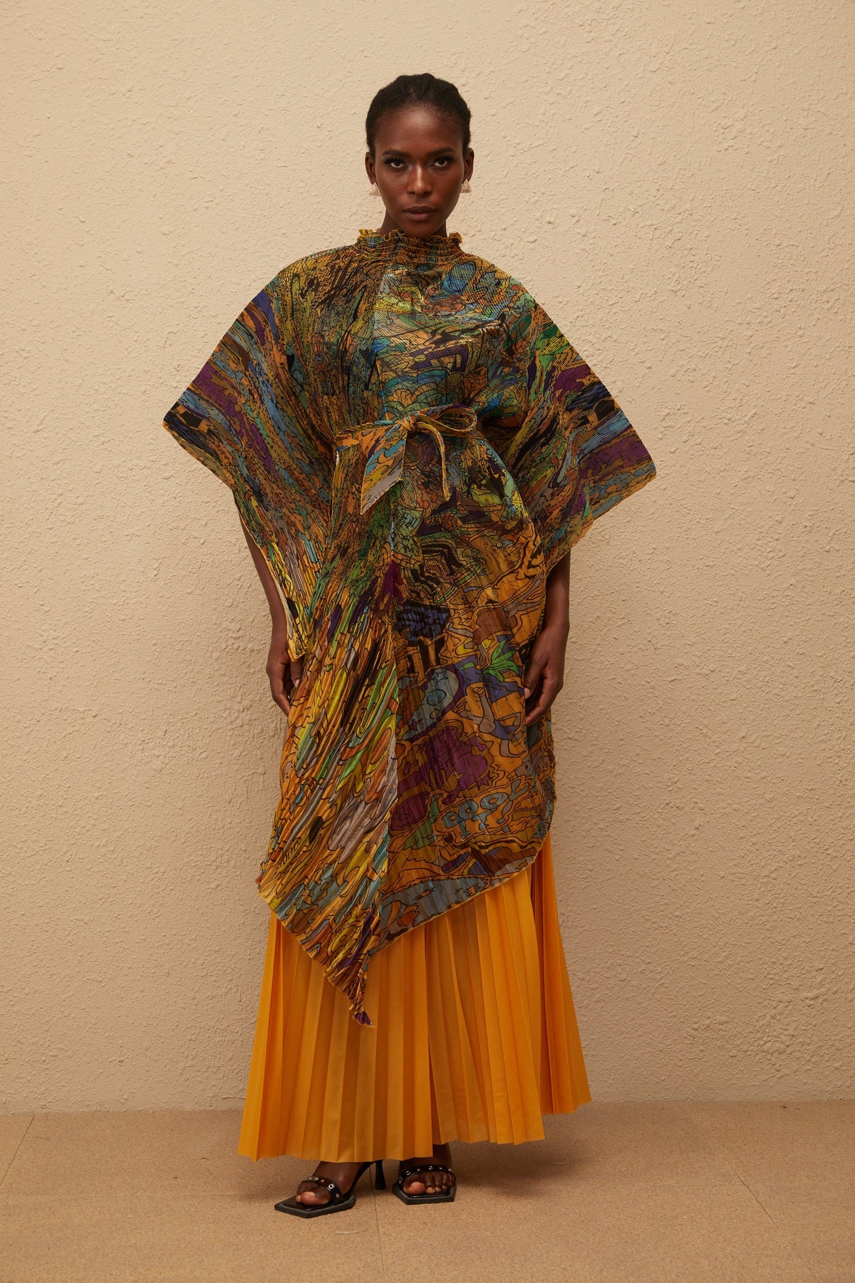 Mélodie Orange Pattern Print Pleated Blouse & Trousers Set