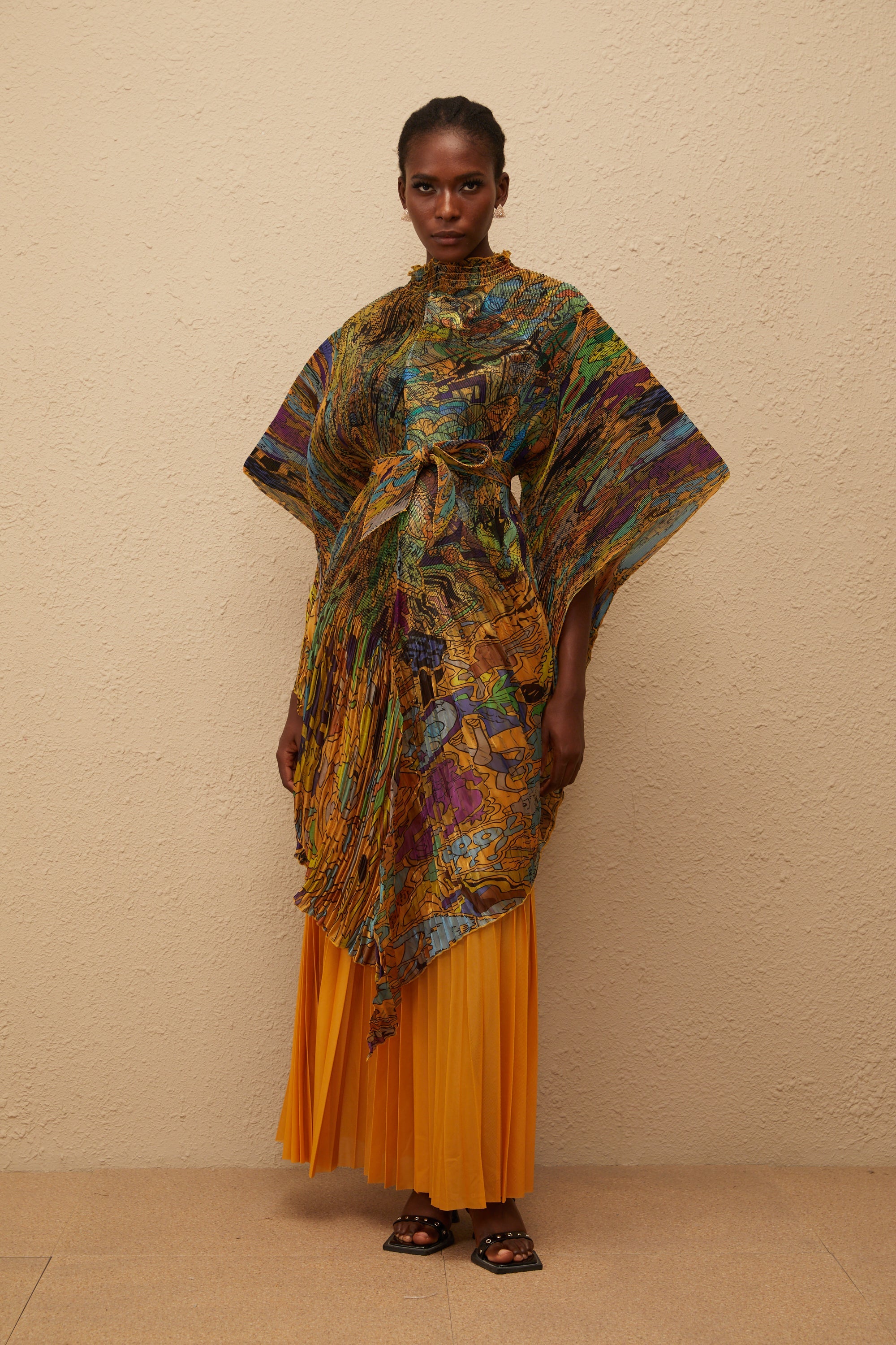 Mélodie Orange Pattern Print Pleated Blouse & Trousers Set