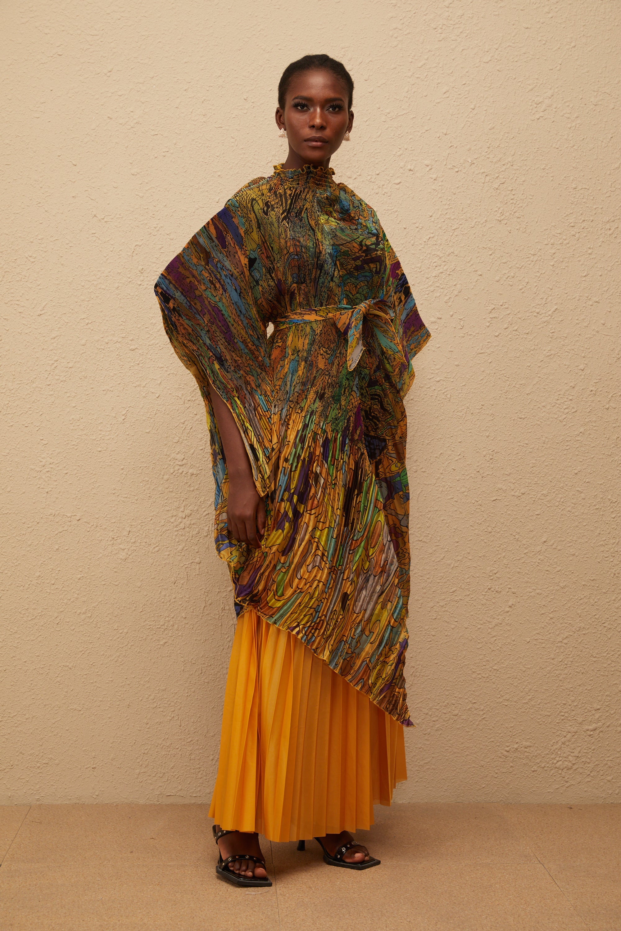 Mélodie Orange Pattern Print Pleated Blouse & Trousers Set