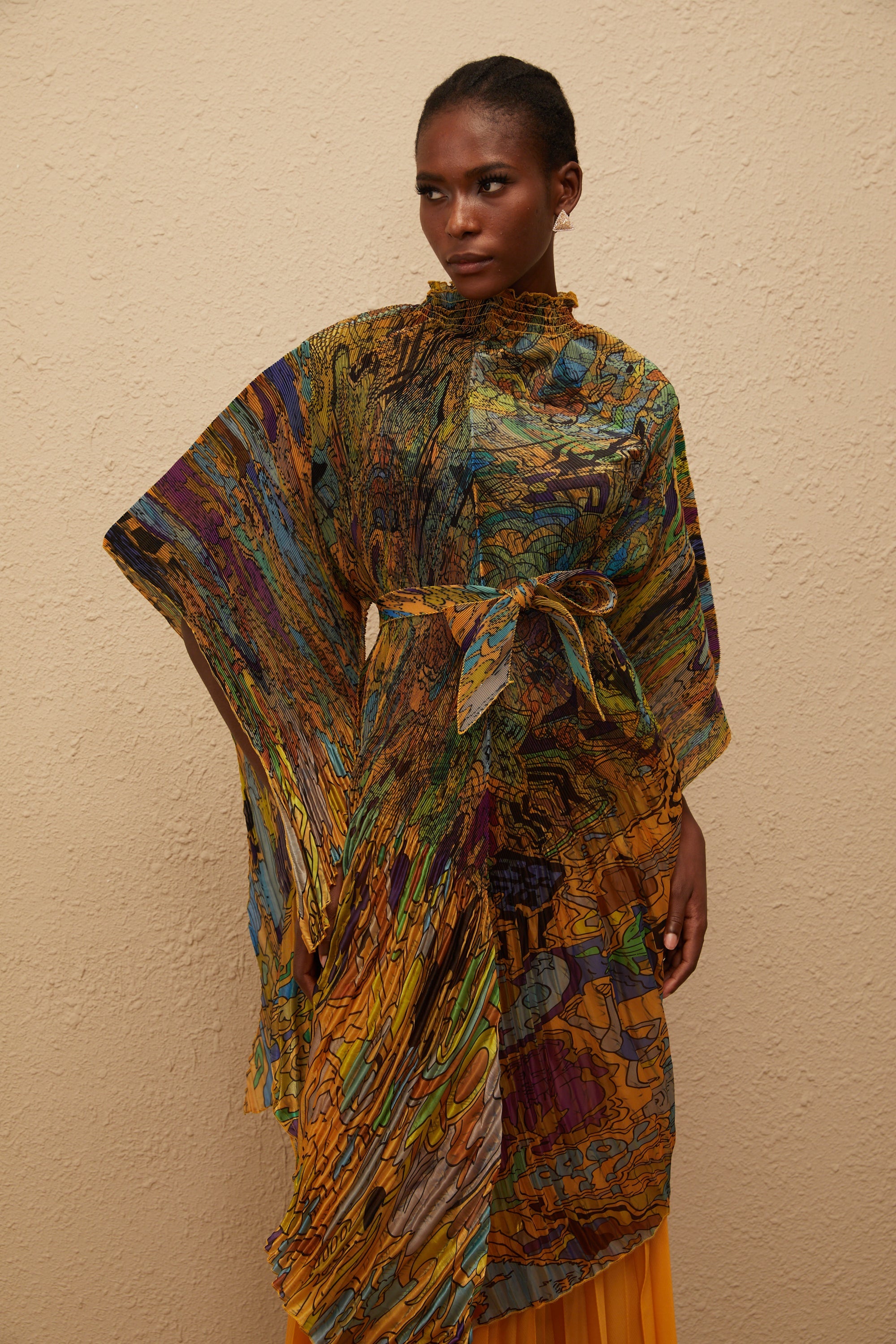 Mélodie Orange Pattern Print Pleated Blouse & Trousers Set