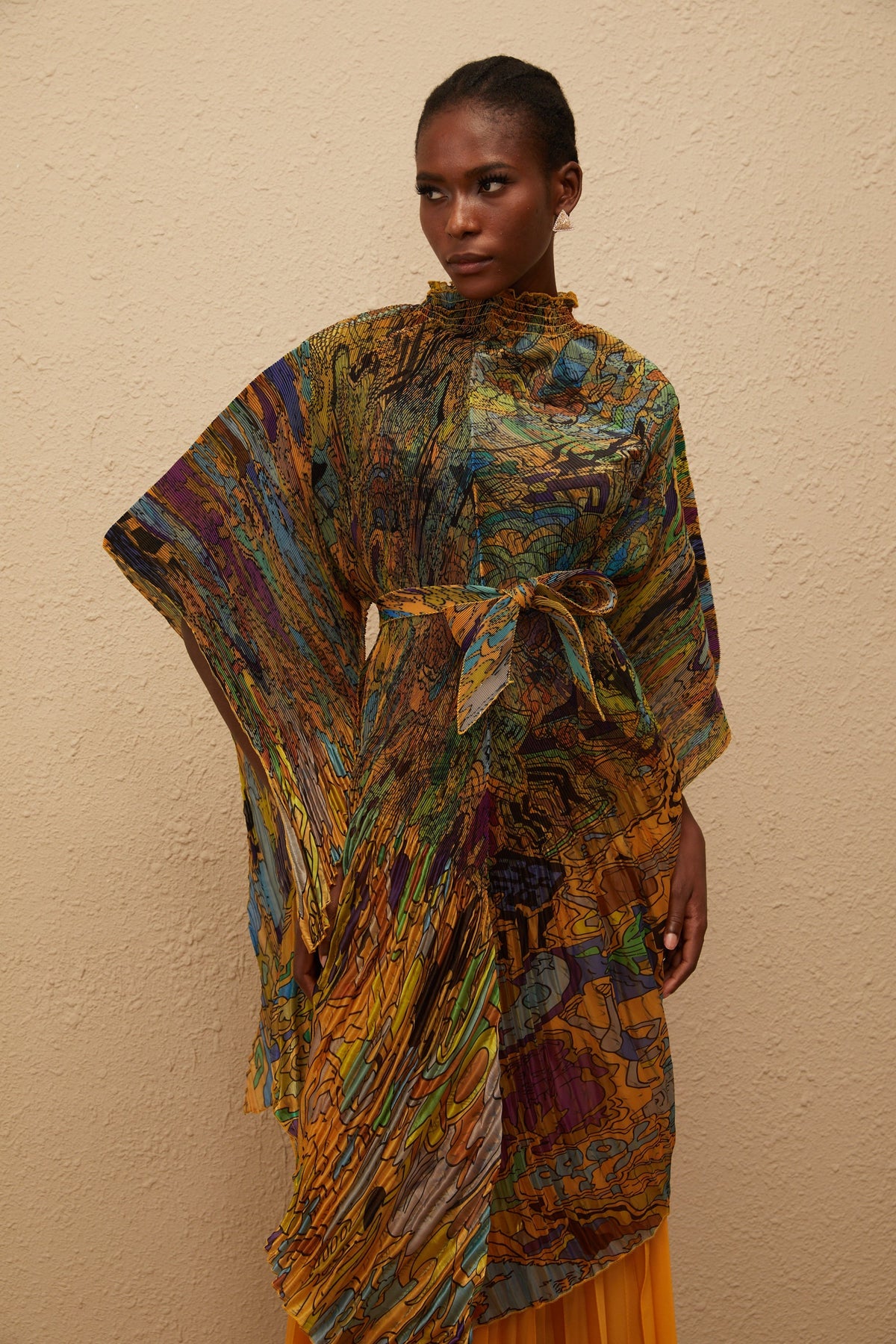 Mélodie Orange Pattern Print Pleated Blouse & Trousers Set