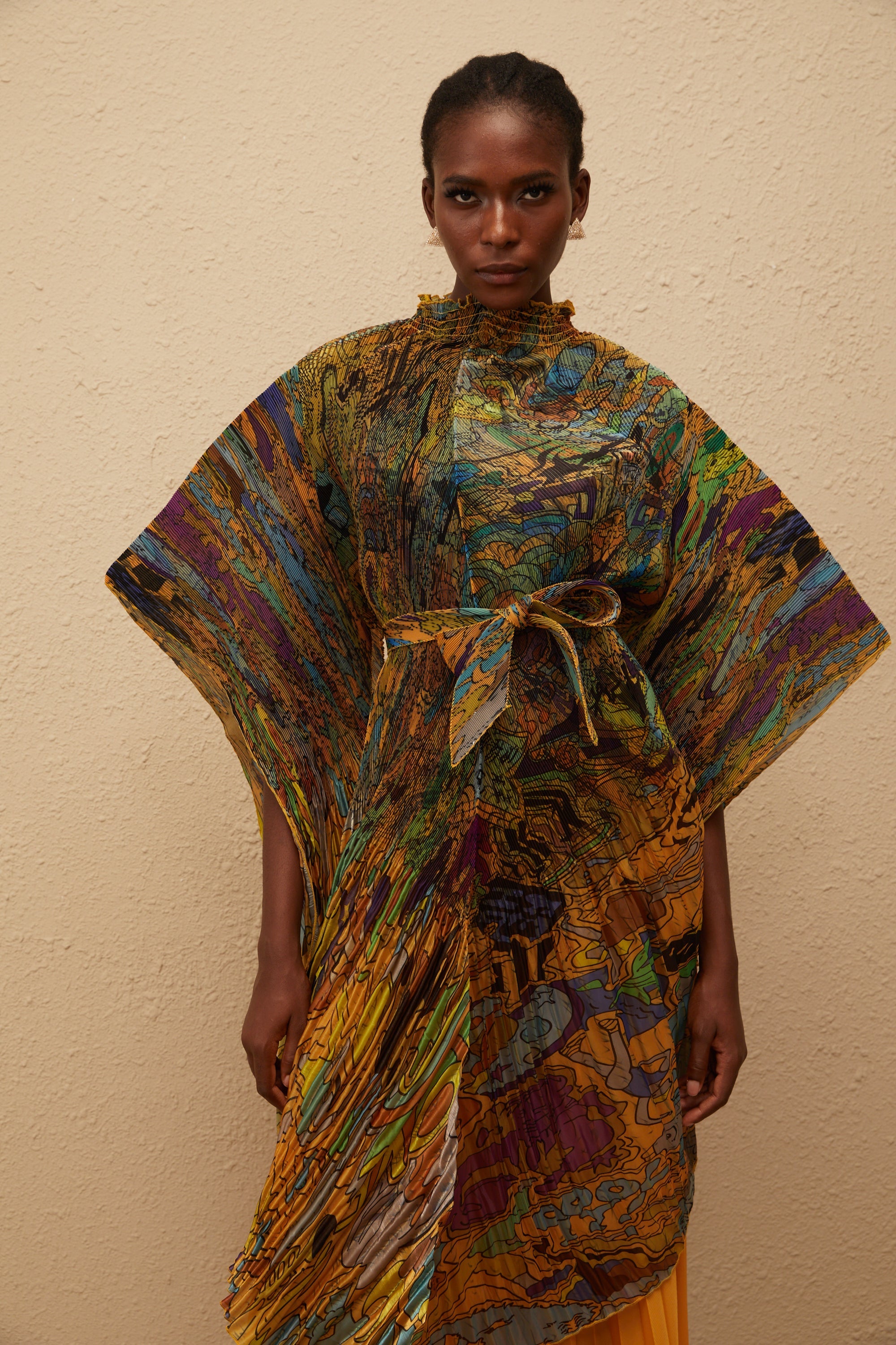 Mélodie Orange Pattern Print Pleated Blouse & Trousers Set