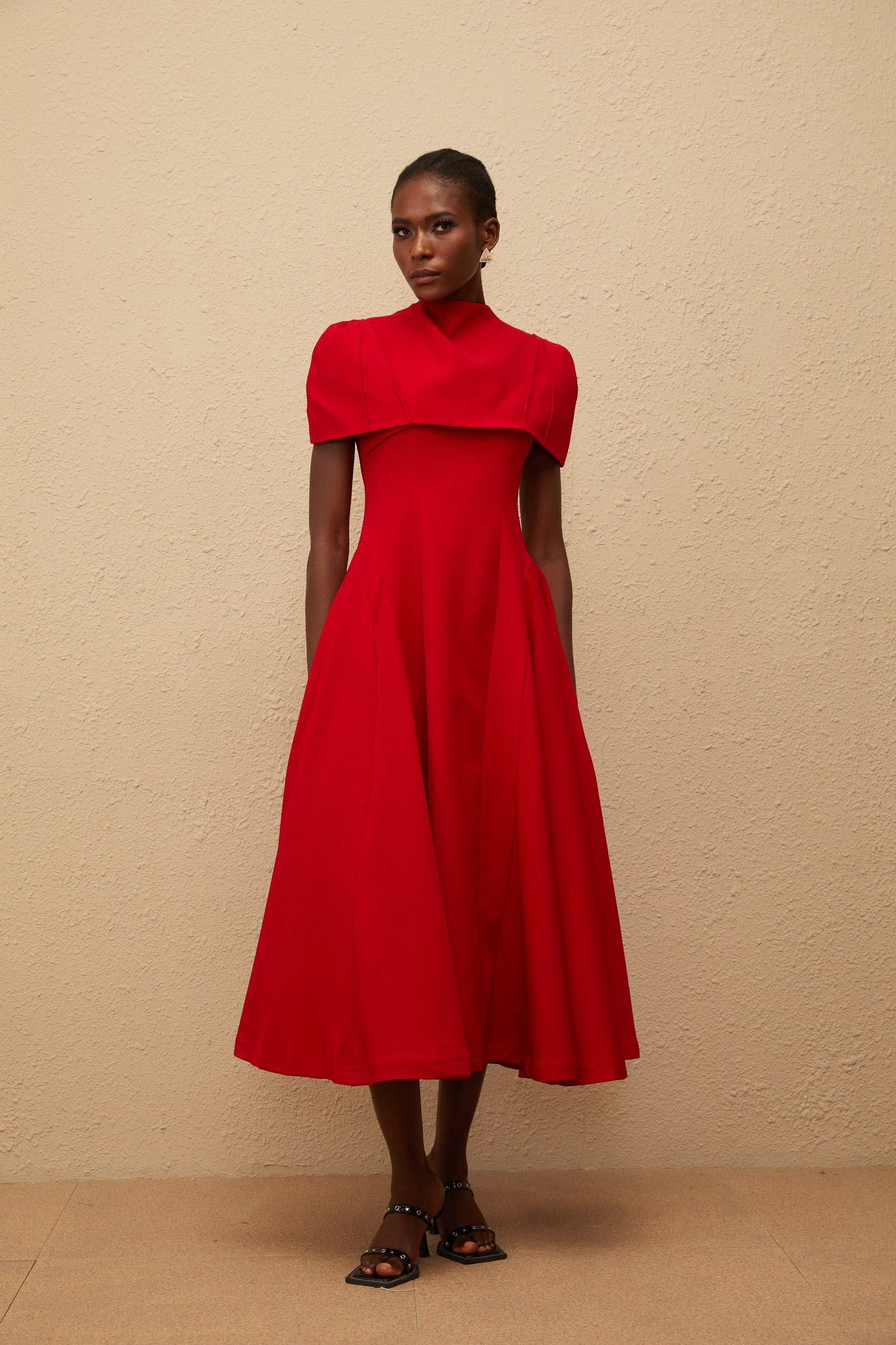 Danaé Red Asymmetrical Midi Dress with Shawl Detail