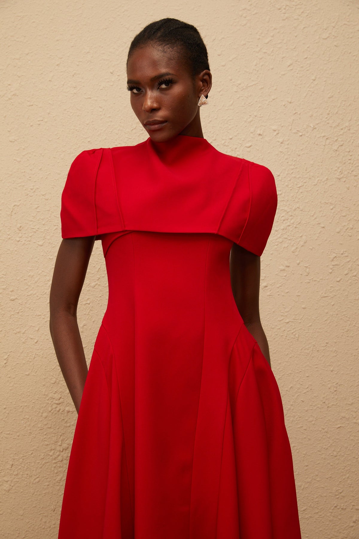 Danaé Red Asymmetrical Midi Dress with Shawl Detail