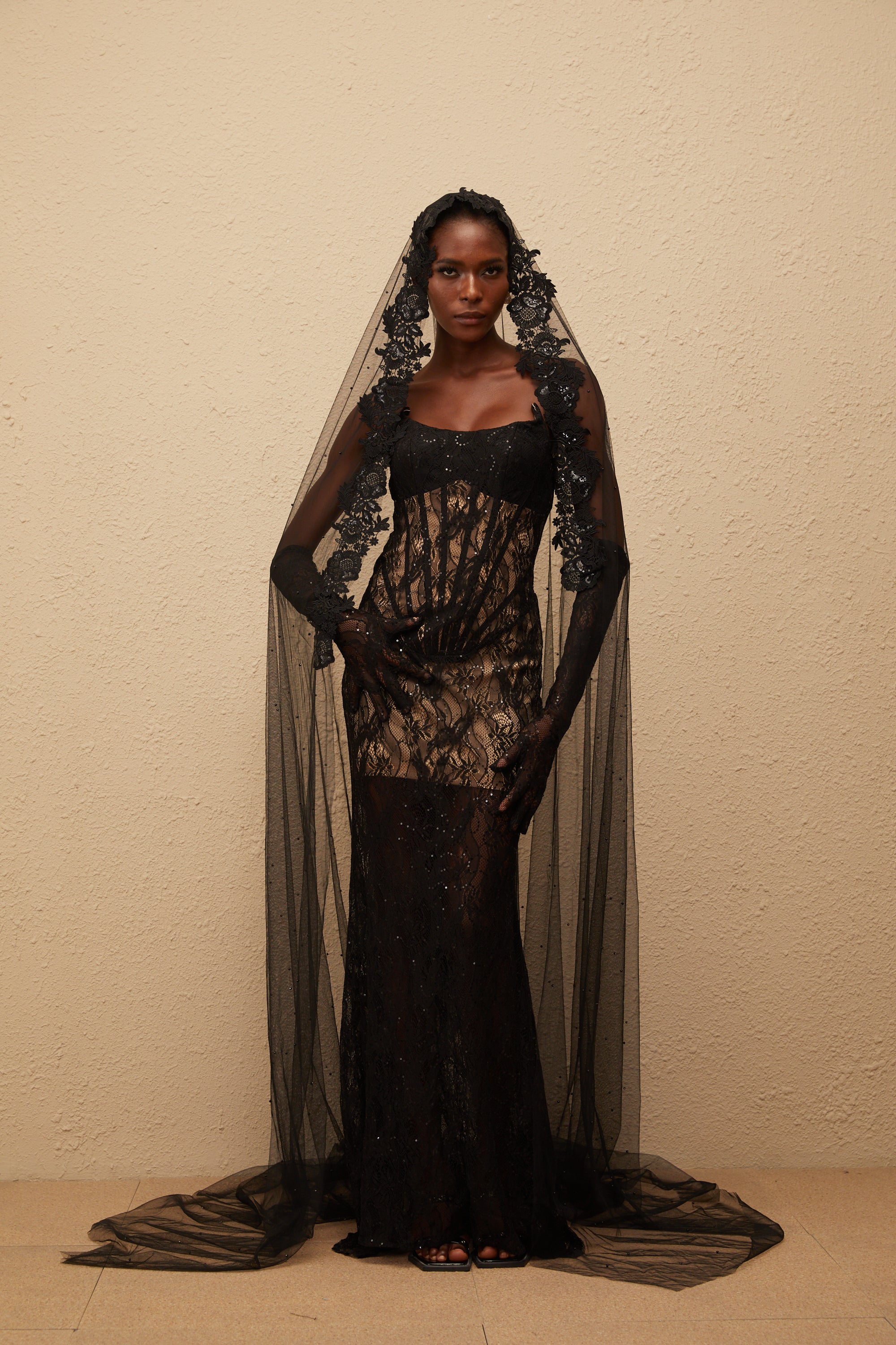 Bertille Black Floral Lace Corset Maxi Dress