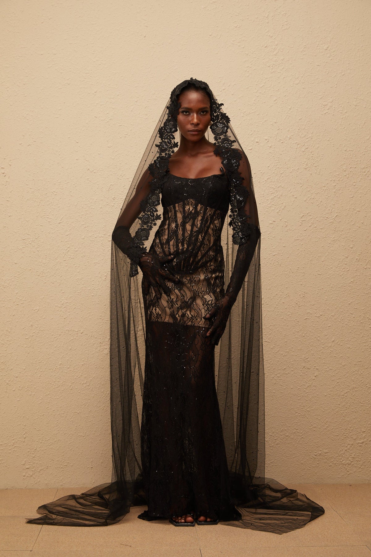 Bertille Black Floral Lace Corset Maxi Dress (Final Sale)