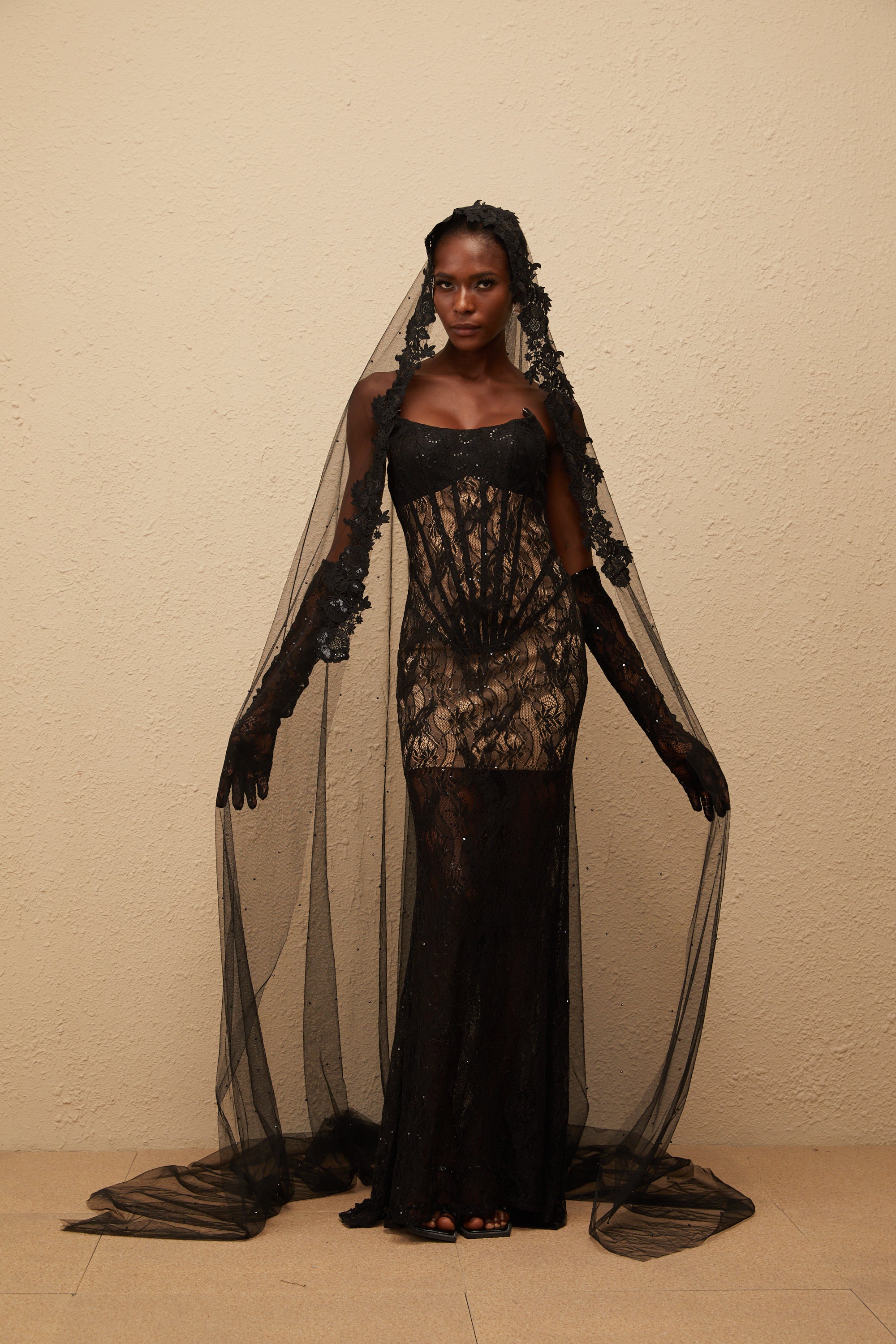 Bertille Black Floral Lace Corset Maxi Dress (Final Sale)