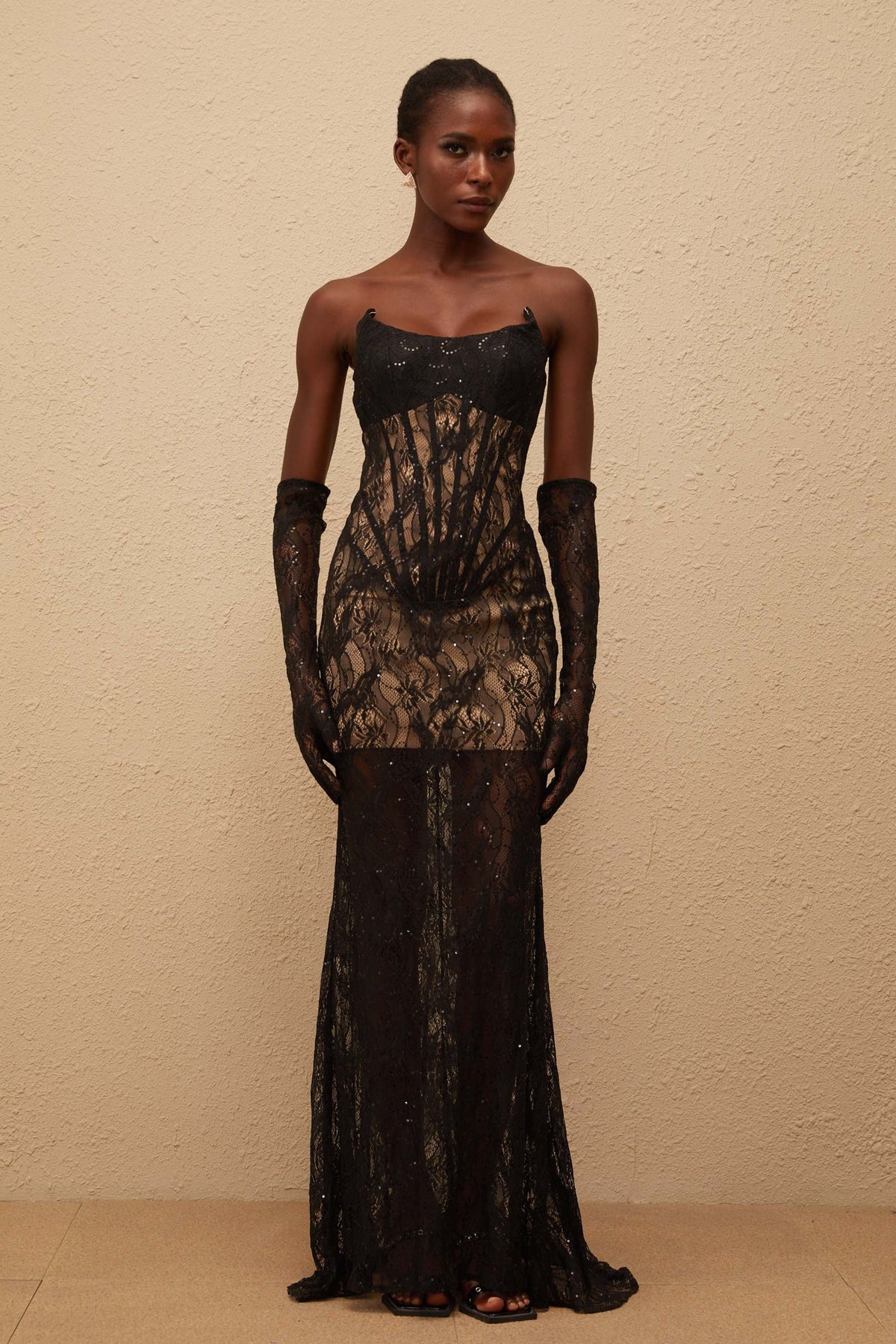 Bertille Black Floral Lace Corset Maxi Dress