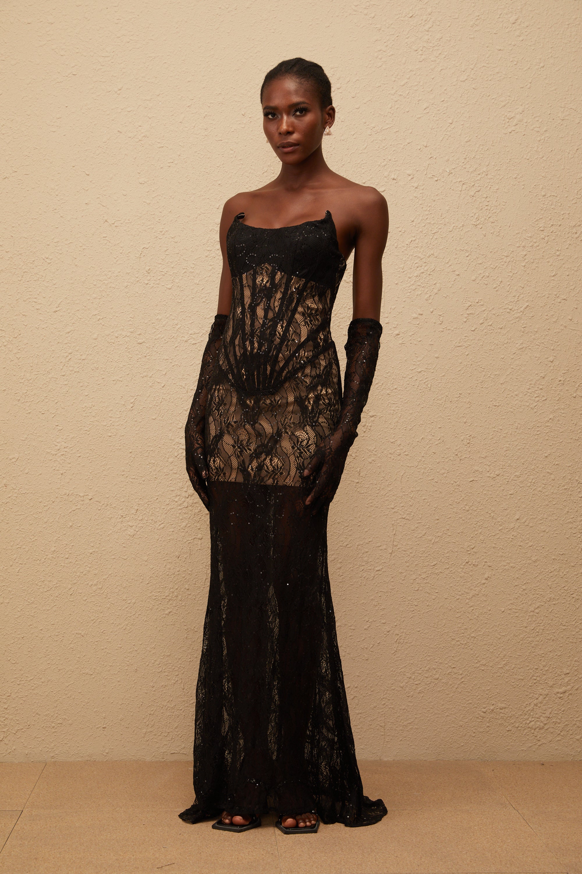 Bertille Black Floral Lace Corset Maxi Dress (Final Sale)