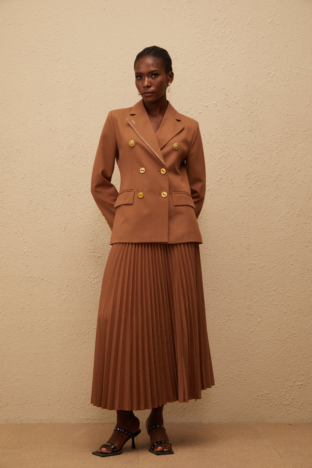 Maëlys Caramel Double Breasted Blazer & Skirt Set (Final Sale)